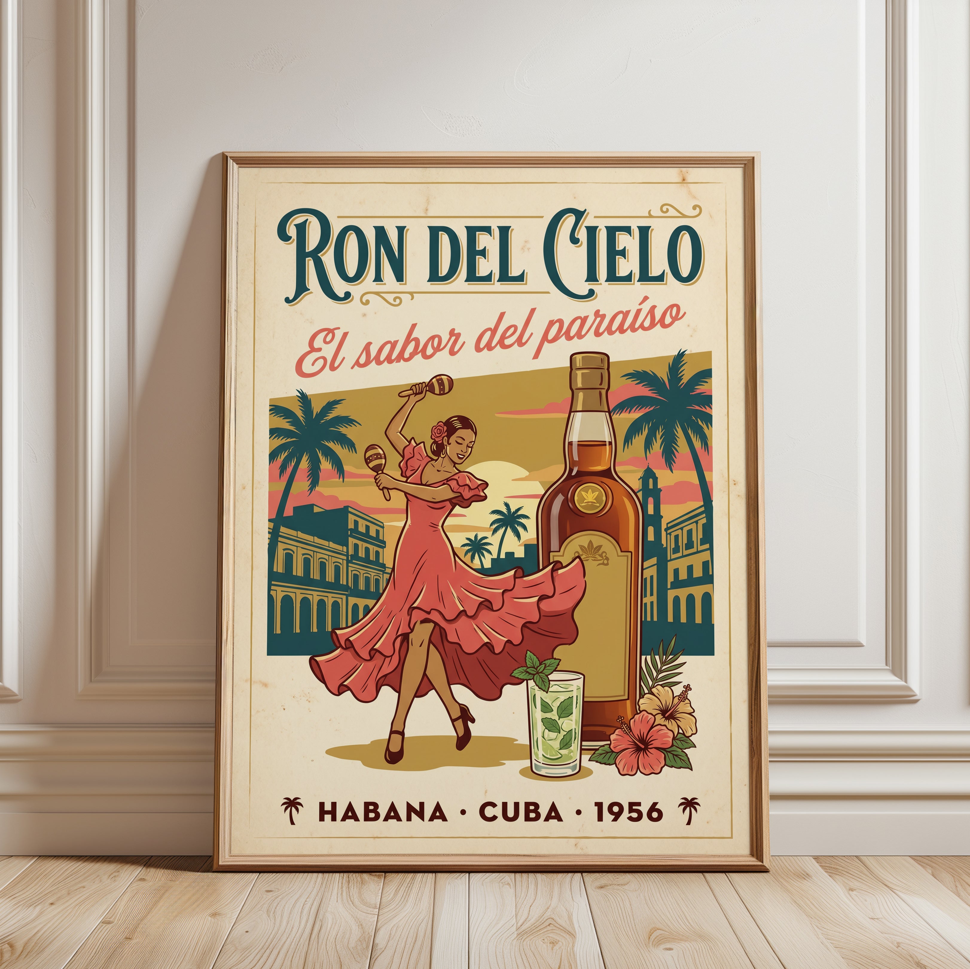 Ron del Cielo Rum Poster: Vintage Cuban Havana Art Print - framed detail