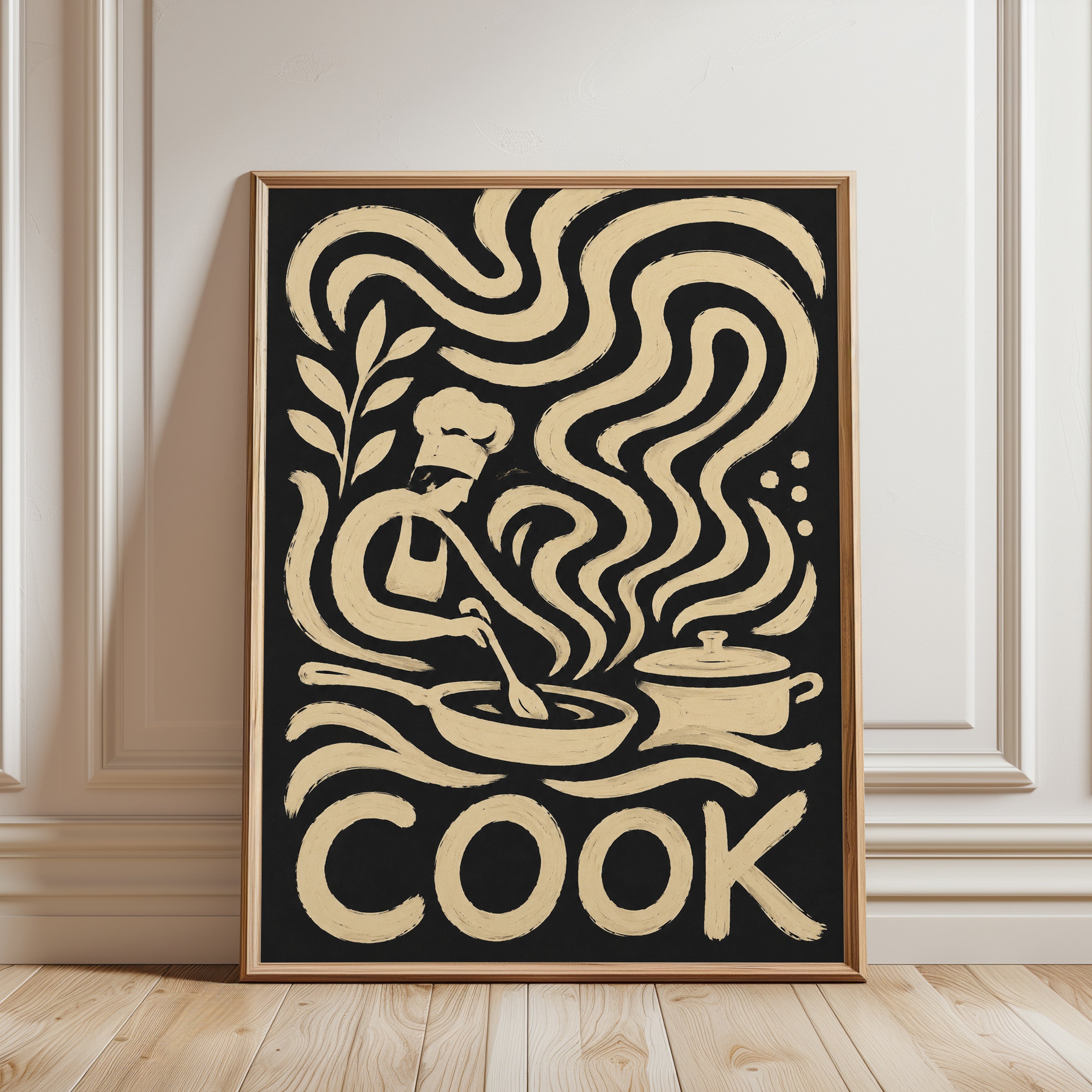Cook Kitchen Art Print: Vintage Cream and Black Chef Design - framed detail