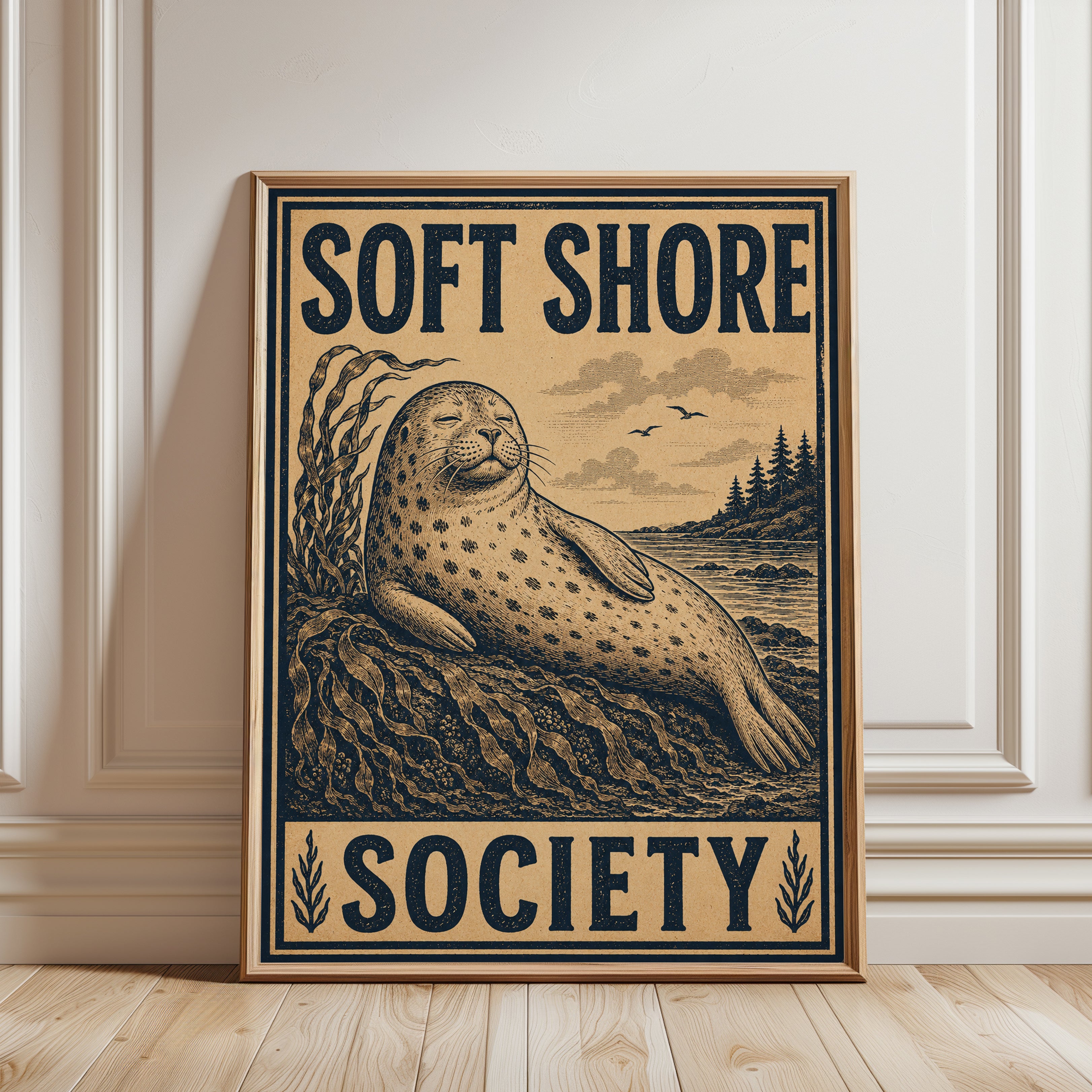 Coastal Seal Print – Vintage Illustration - framed detail