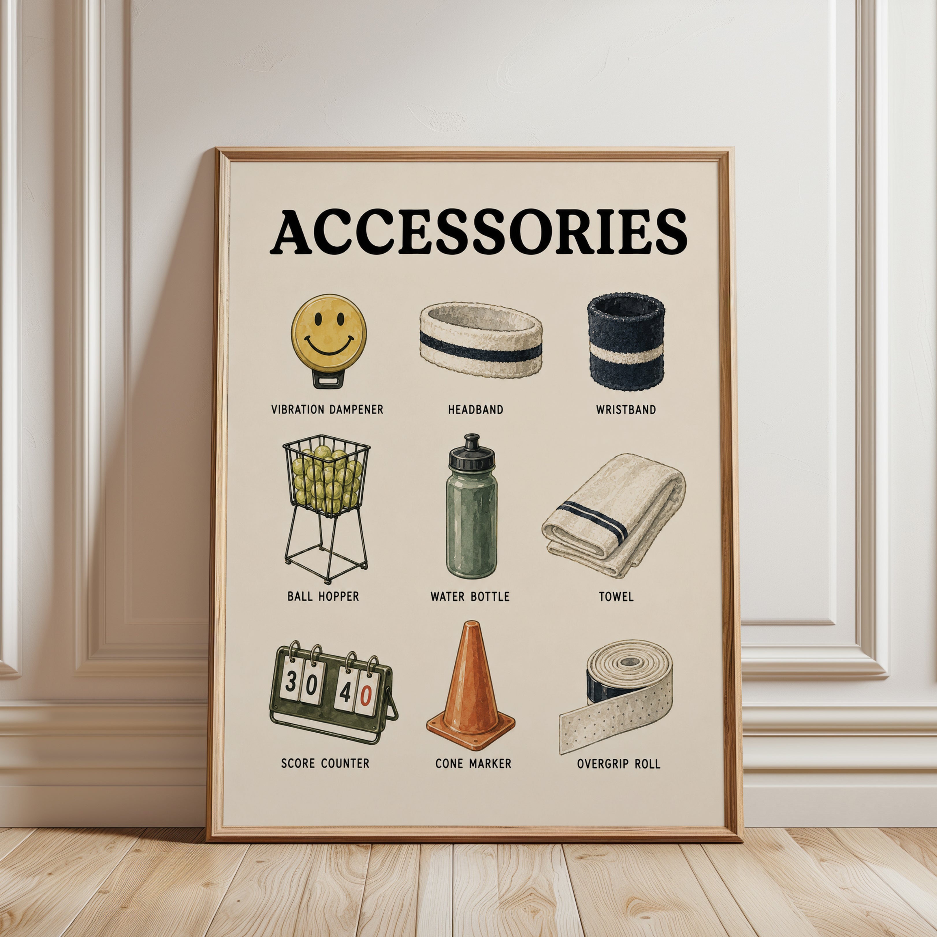 Tennis Accessories Art Print: Vintage Sports Equipment Poster - framed detail