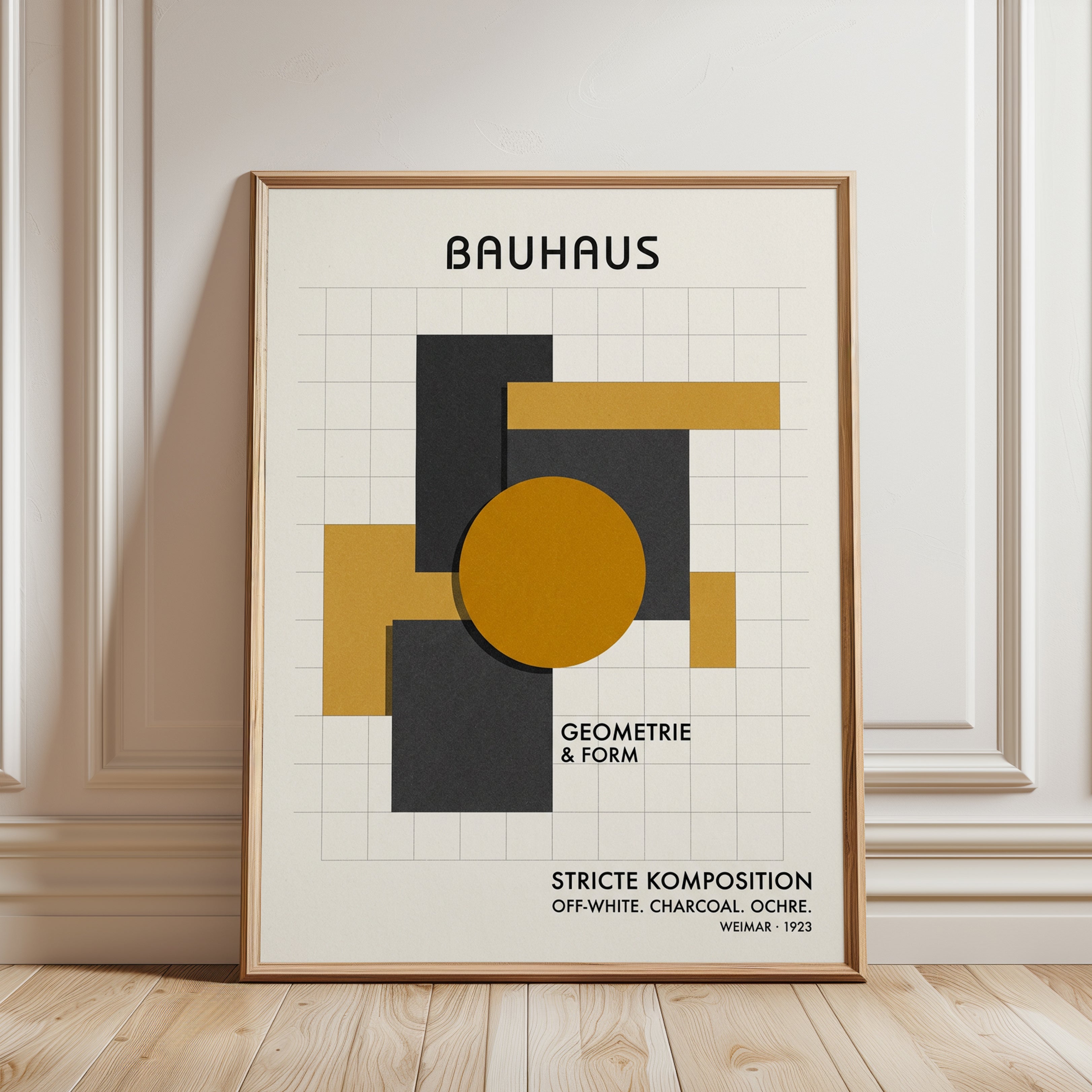 Bauhaus Geometric Print: Modernist Composition with Gold Circle - framed detail