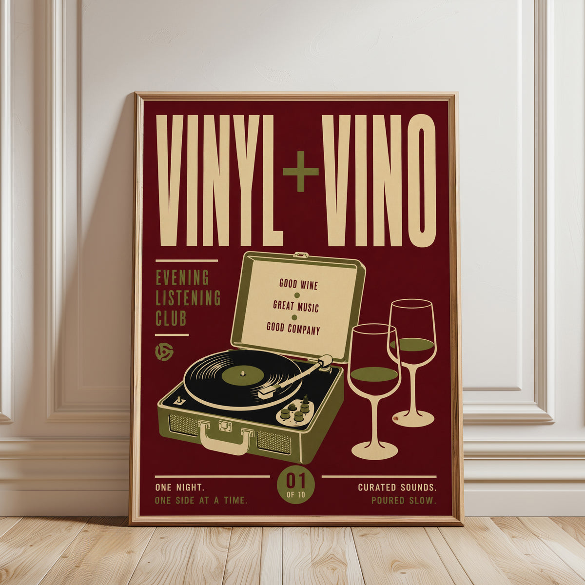 Vinyl and Vino Retro Poster: Mid-Century Music Listening Club - framed detail