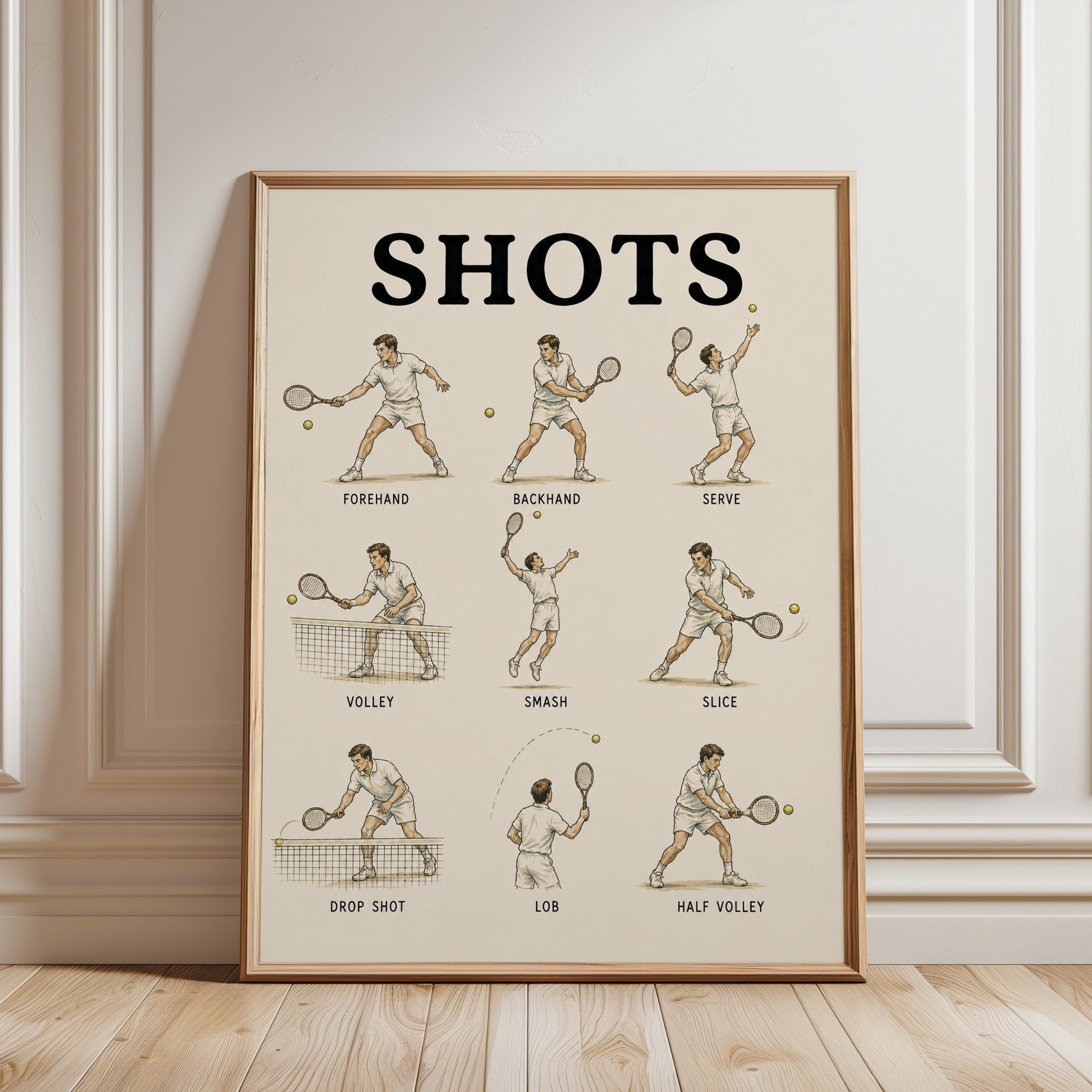 Vintage Tennis Shots Diagram Poster: Retro Sports Wall Art - framed detail