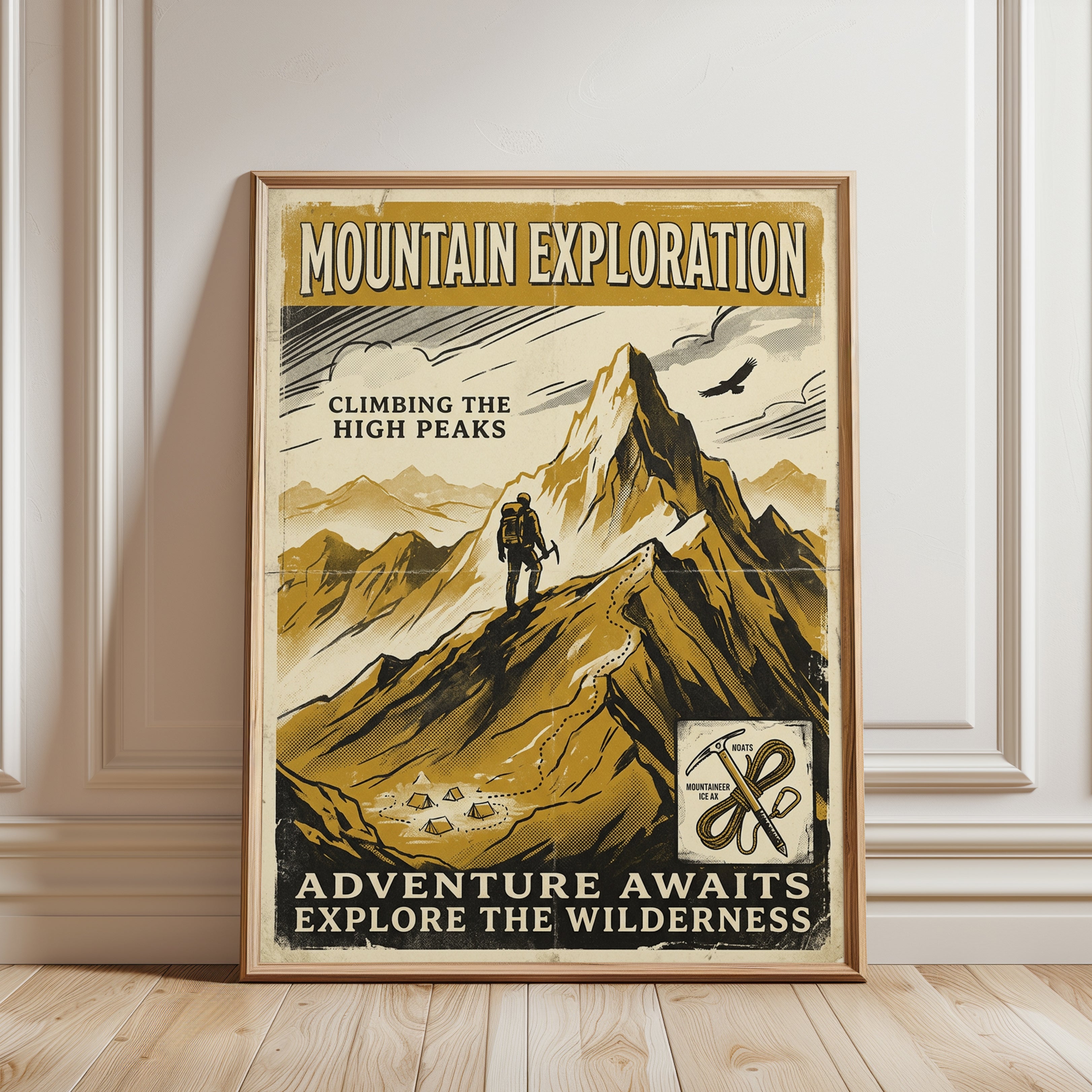 Mountain Exploration Poster: Vintage Climbing Adventure Art Print - framed detail
