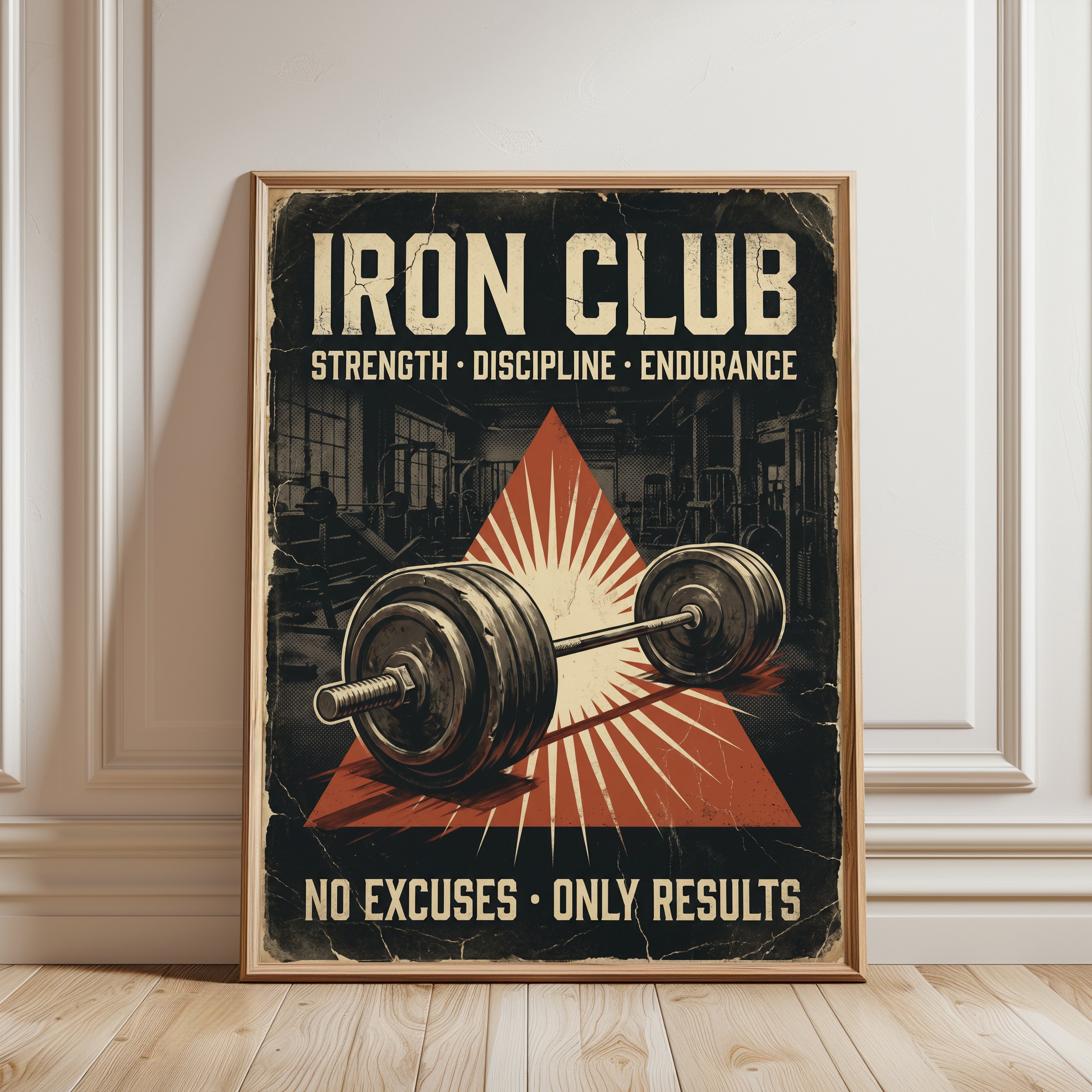 Vintage Gym Poster Print — Retro Iron Club Barbell - framed detail