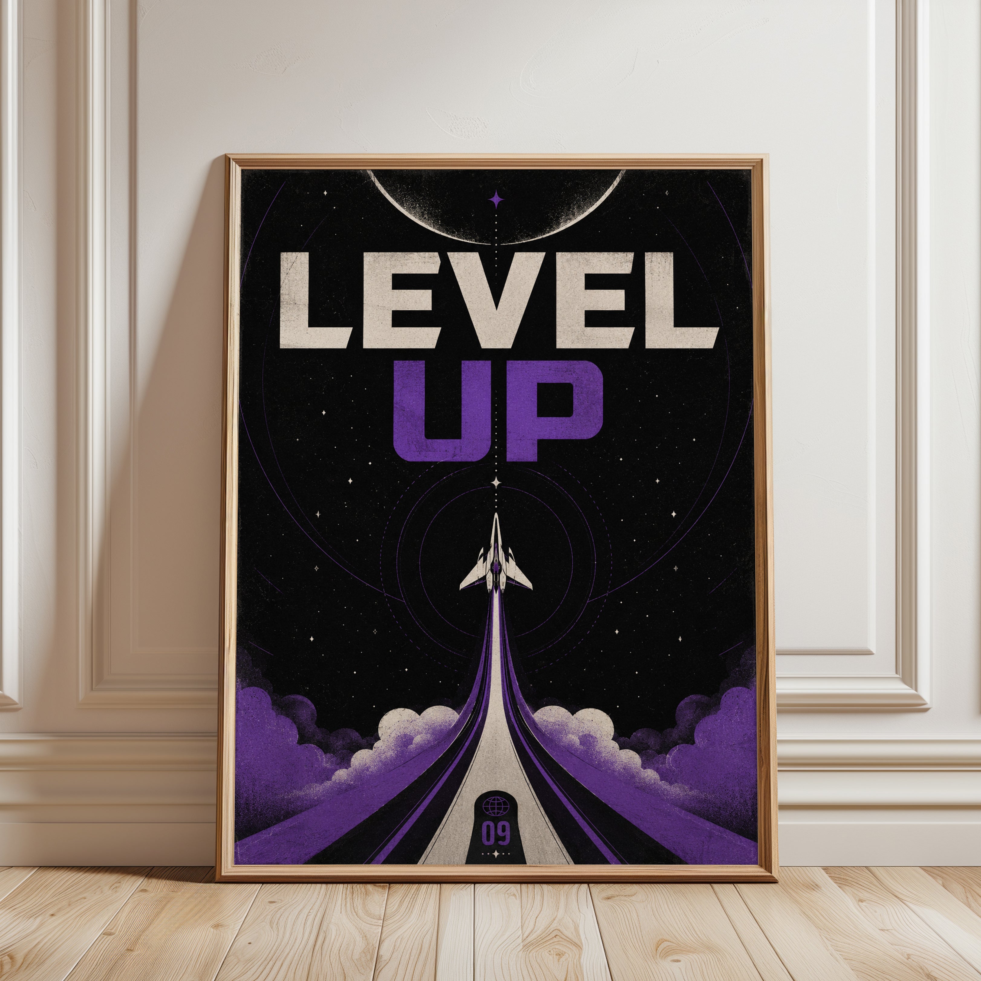Level Up Retro Game Poster: Space Arcade Art in Purple & Black - framed detail
