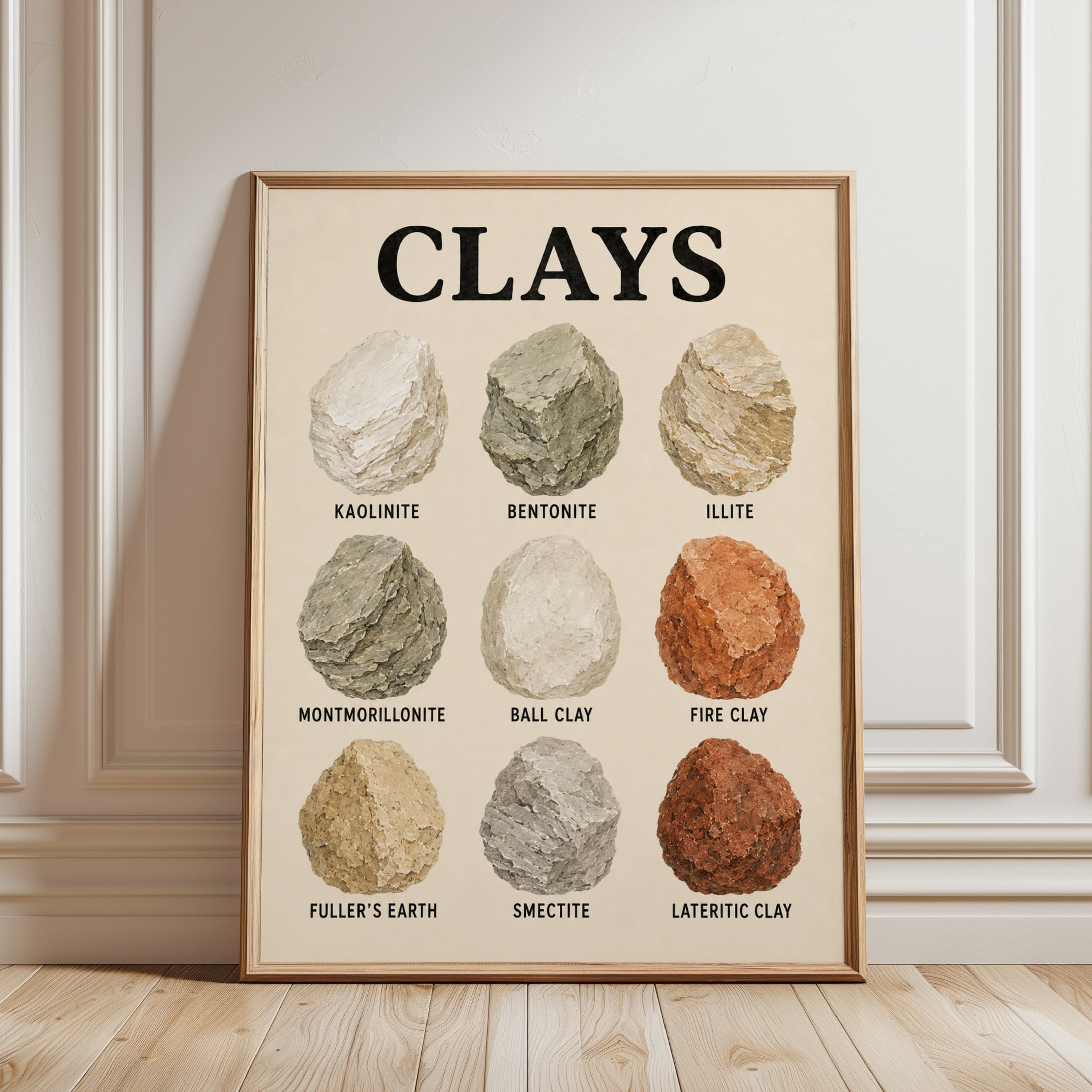 Clays Educational Poster: Vintage Geology Reference Art Print - framed detail