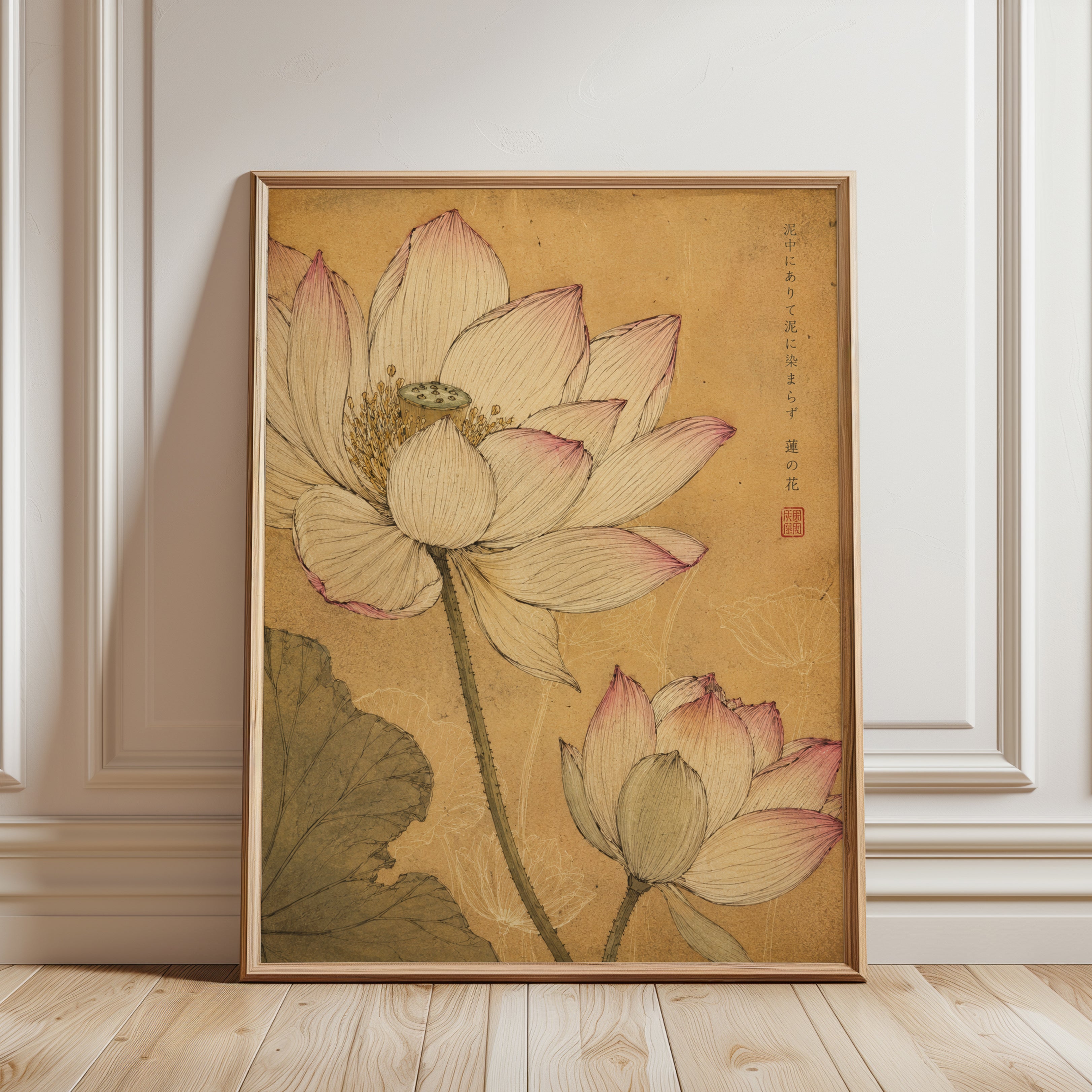 Lotus Flower Vintage Print — Japanese Botanical Art - framed detail