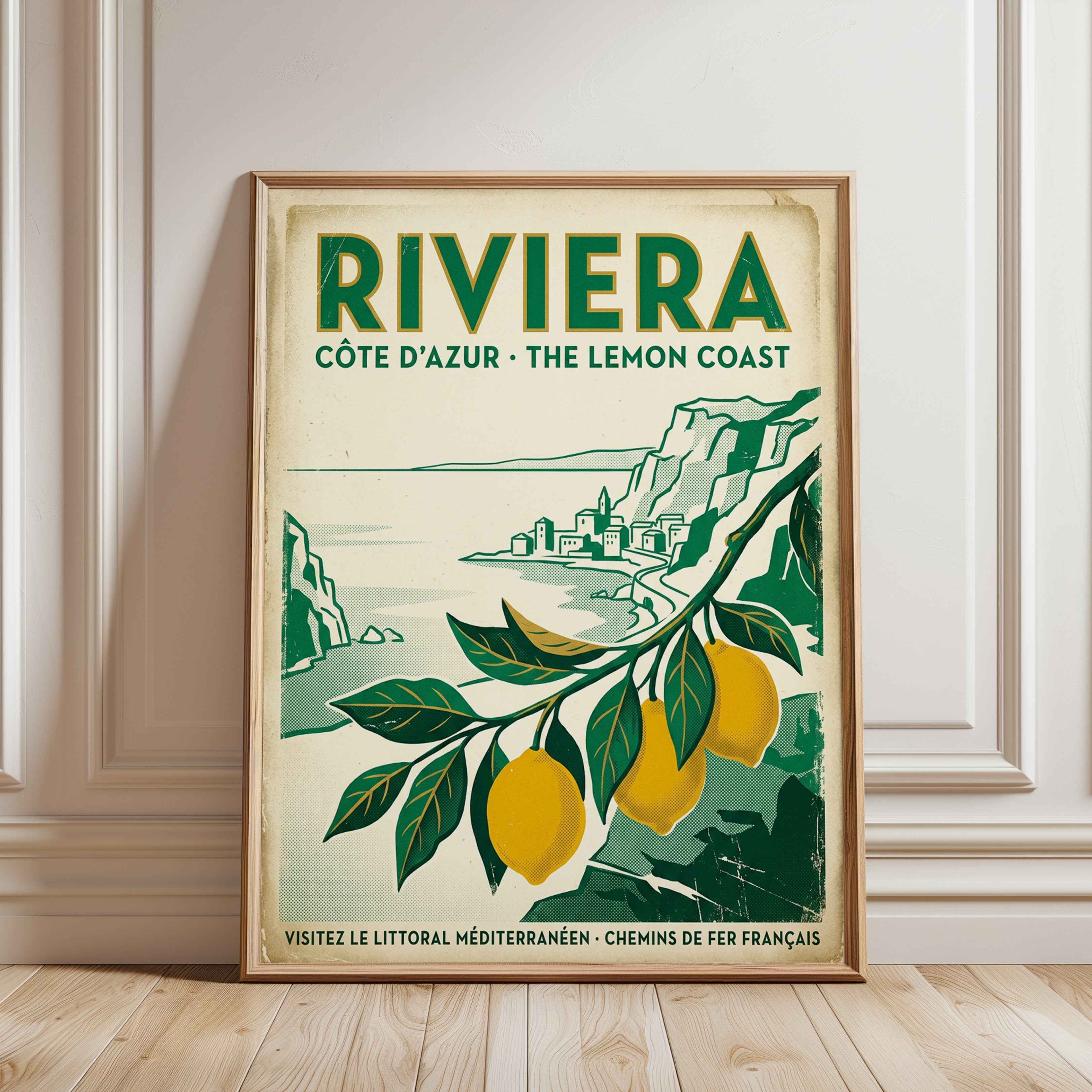 Riviera Travel Poster – French Côte d'Azur Lemon Coast Retro Art - framed detail