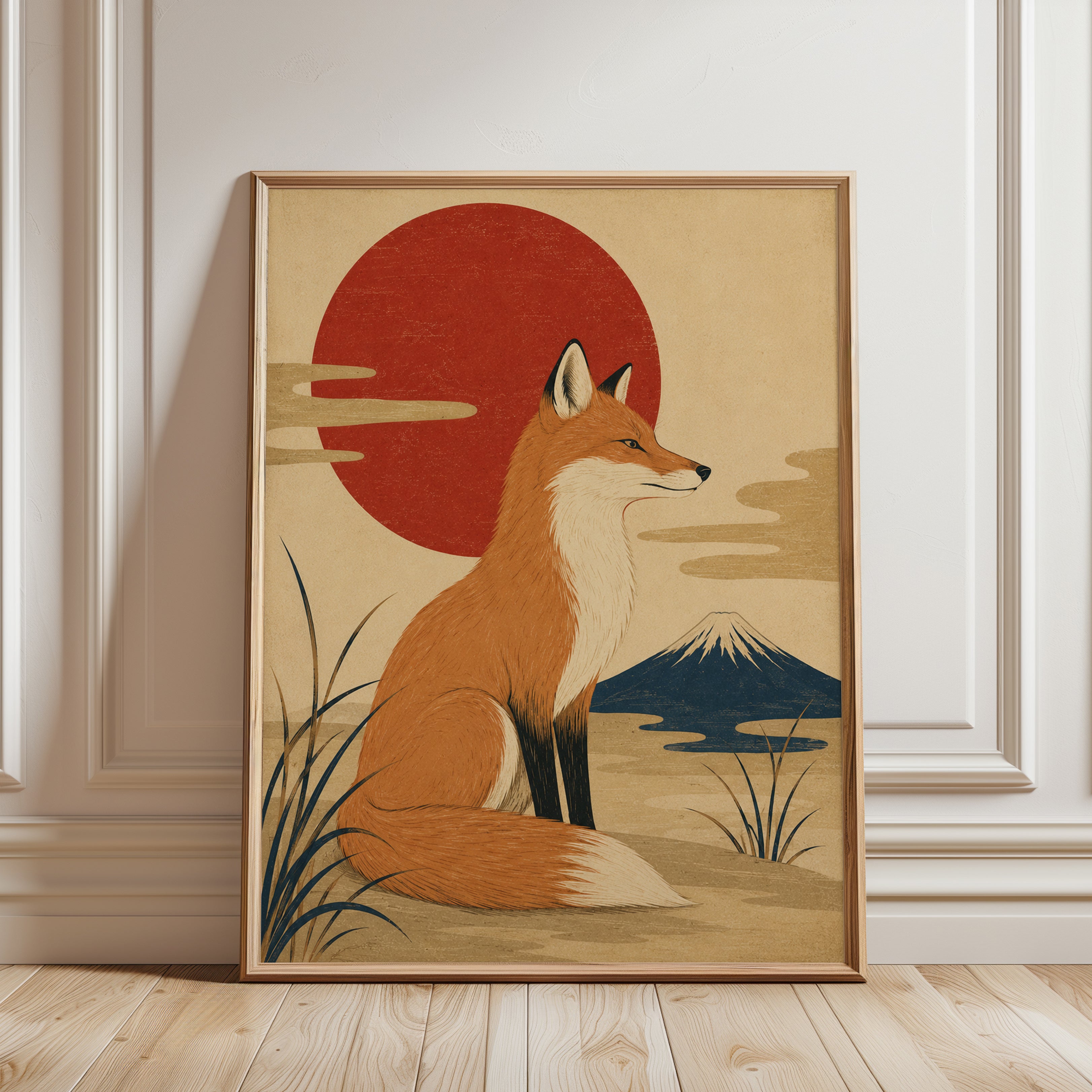 Japanese Fox Art Print: Vintage Kitsune with Mount Fuji - framed detail