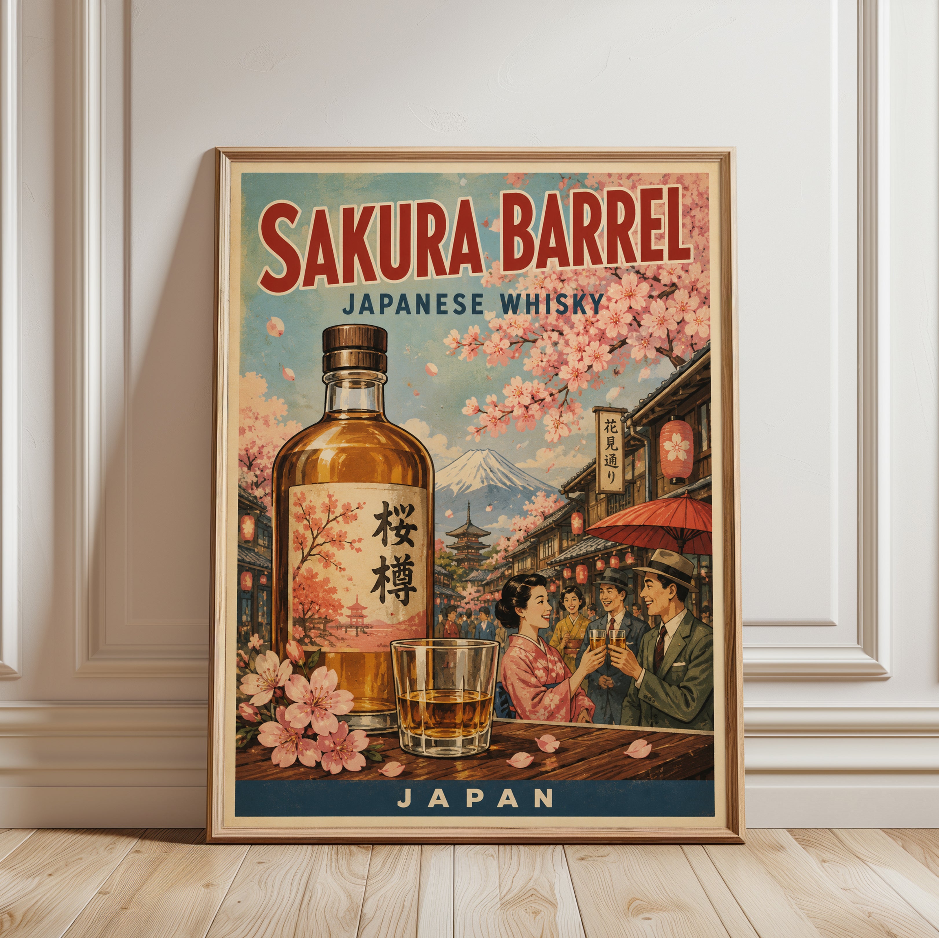 Japanese Whisky Poster Print: Vintage Sakura Barrel Ad - framed detail