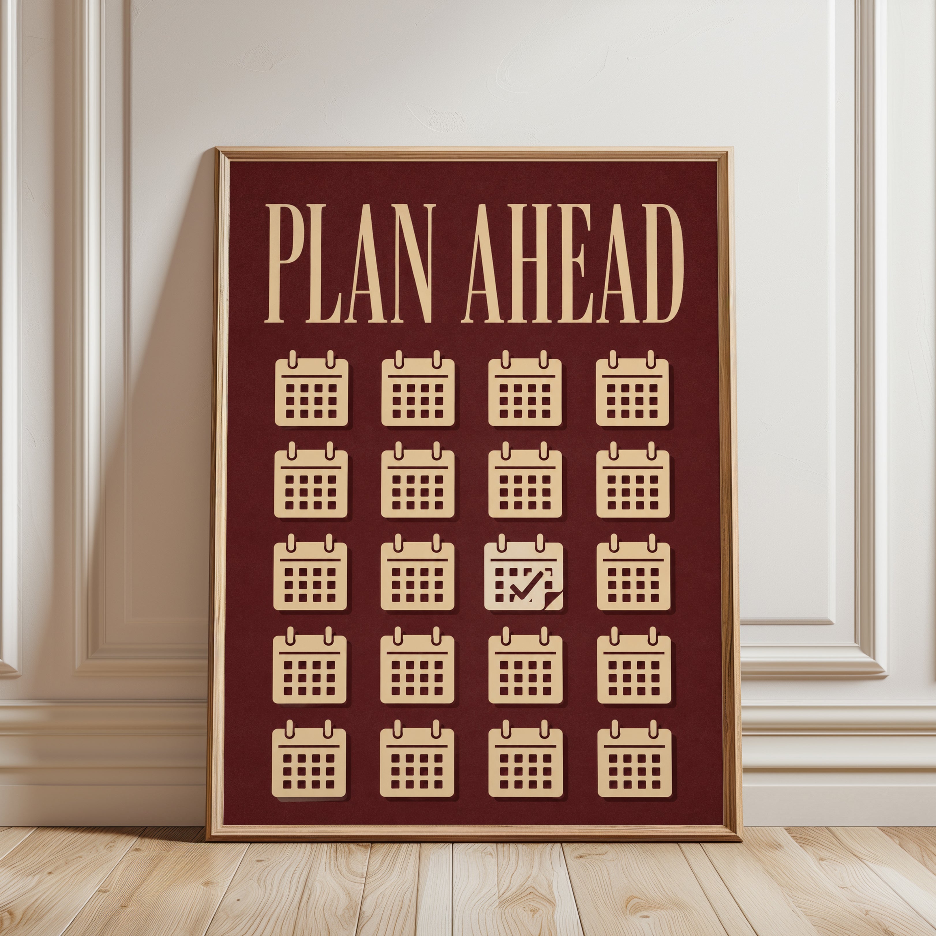 Plan Ahead Motivational Print: Vintage Calendar Grid - framed detail