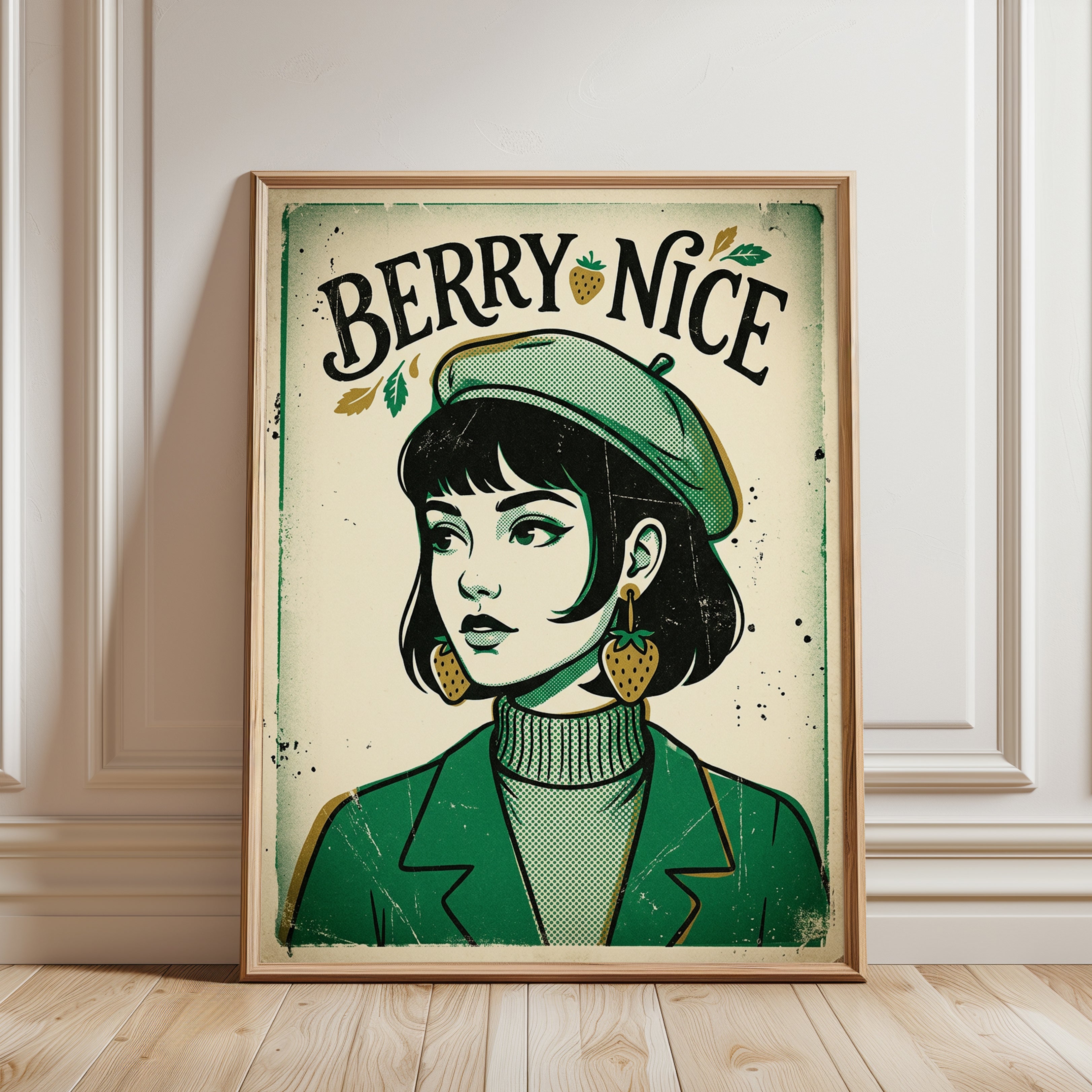 Berry Nice Retro Girl Poster: Vintage Halftone Portrait Art - framed detail