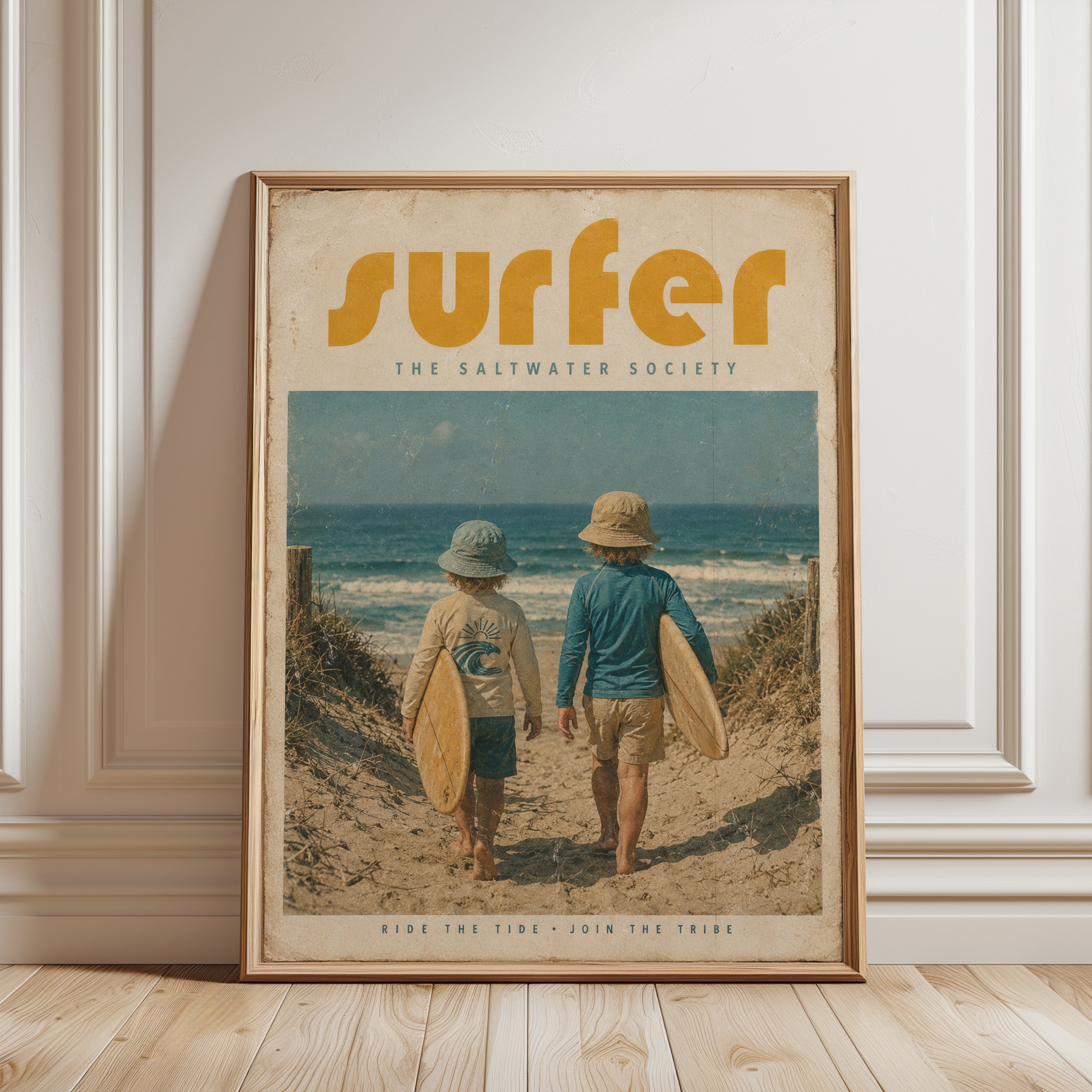Vintage Surfer Poster Print — Retro Beach Photography - framed detail