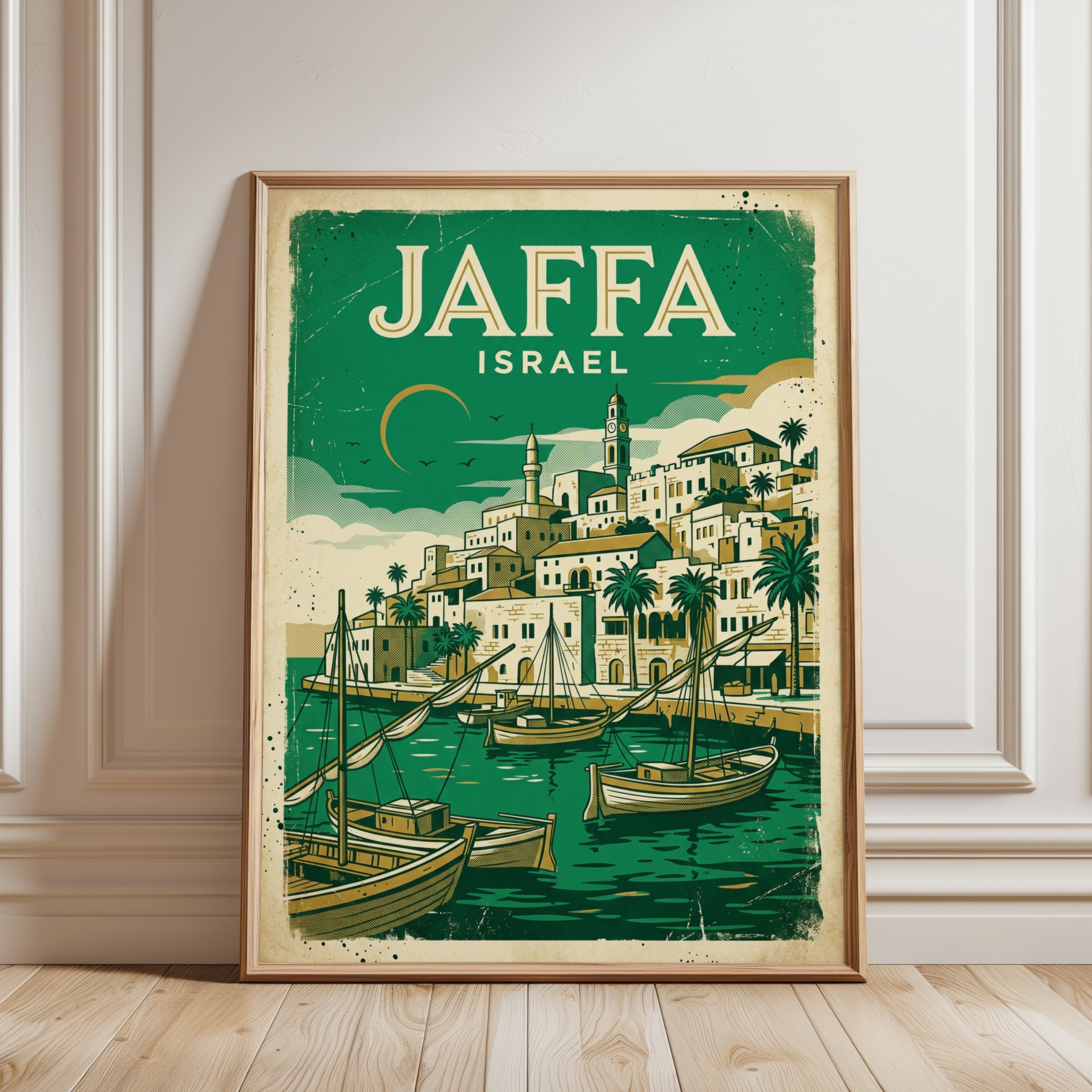 Jaffa Israel Vintage Travel Poster — Retro Mediterranean Coastal Art - framed detail