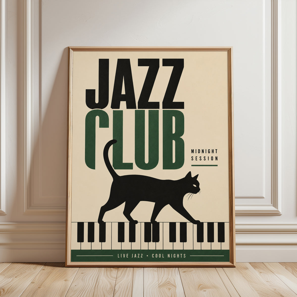 Jazz Club Cat Print: Vintage Mid-Century Piano Wall Art - framed detail