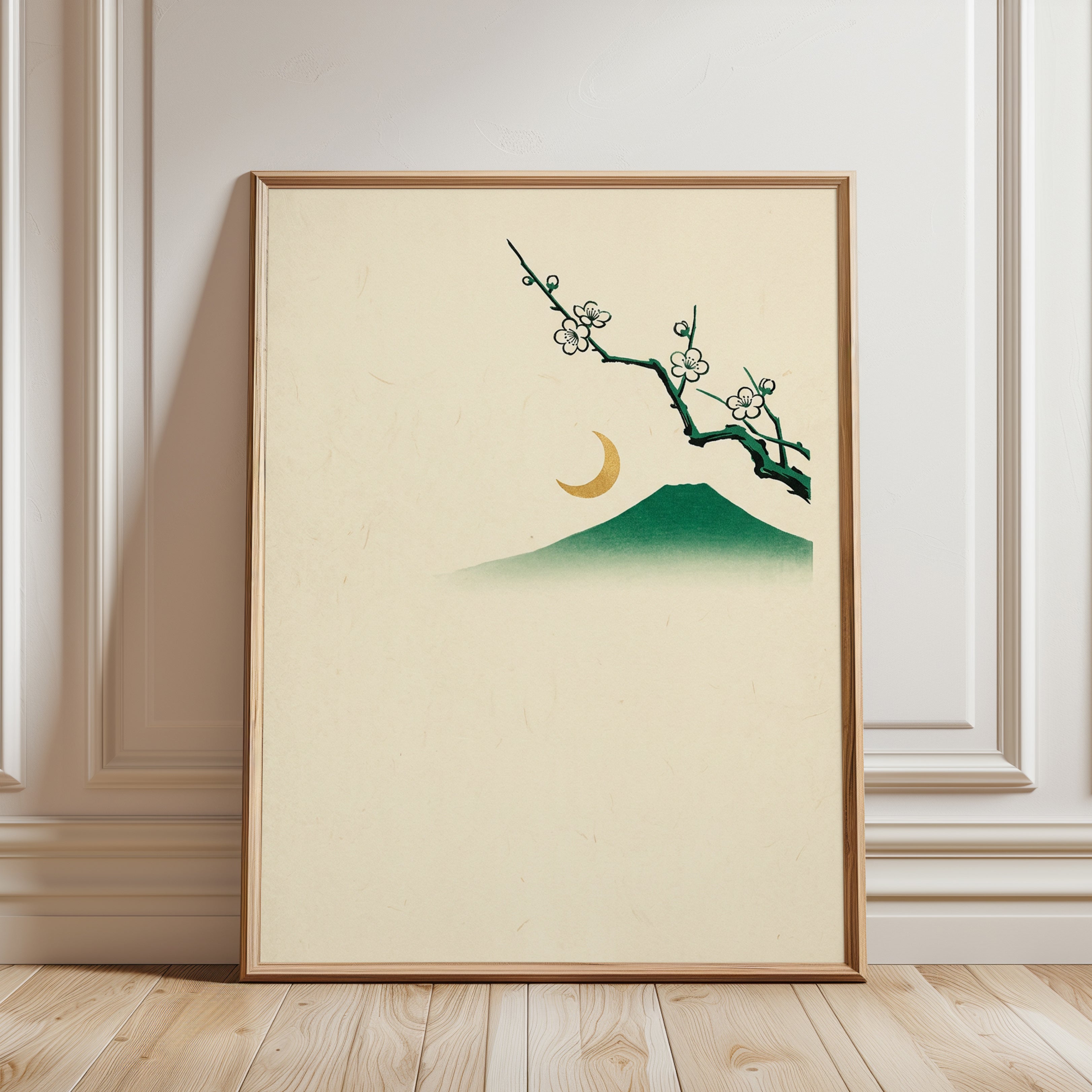Japanese Cherry Blossom Mountain Print: Minimalist Green Landscape - framed detail