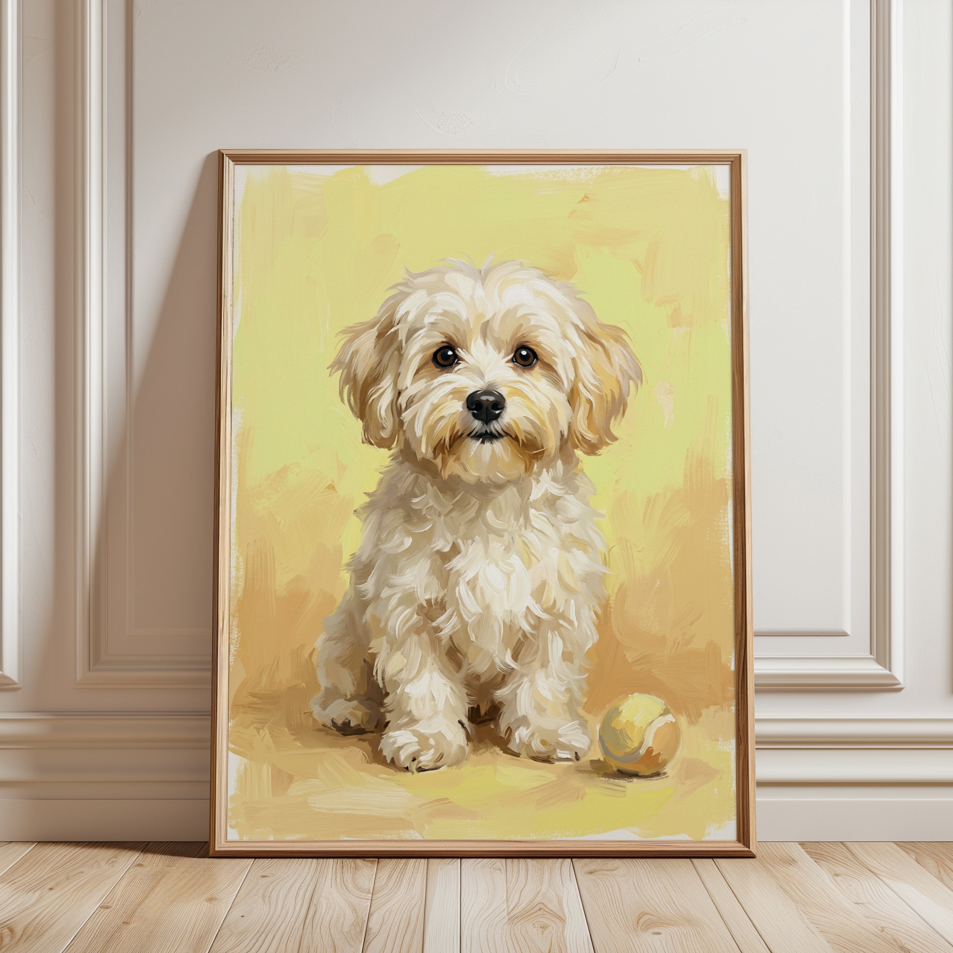 Cavapoo Dog Portrait Print — Soft Pastel Yellow Background - framed detail