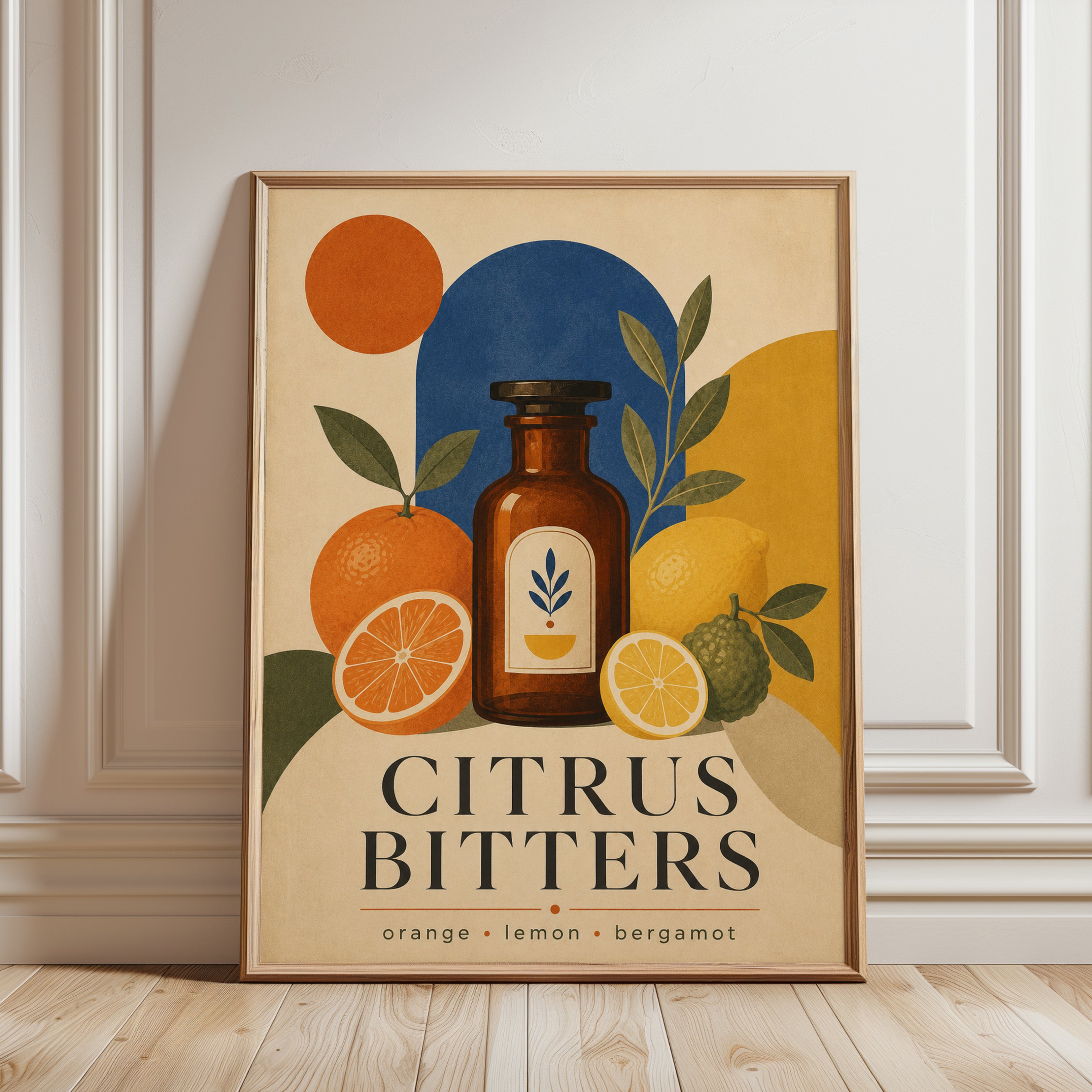 Citrus Bitters Apothecary Bottle Poster: Vintage Art Deco Print - framed detail