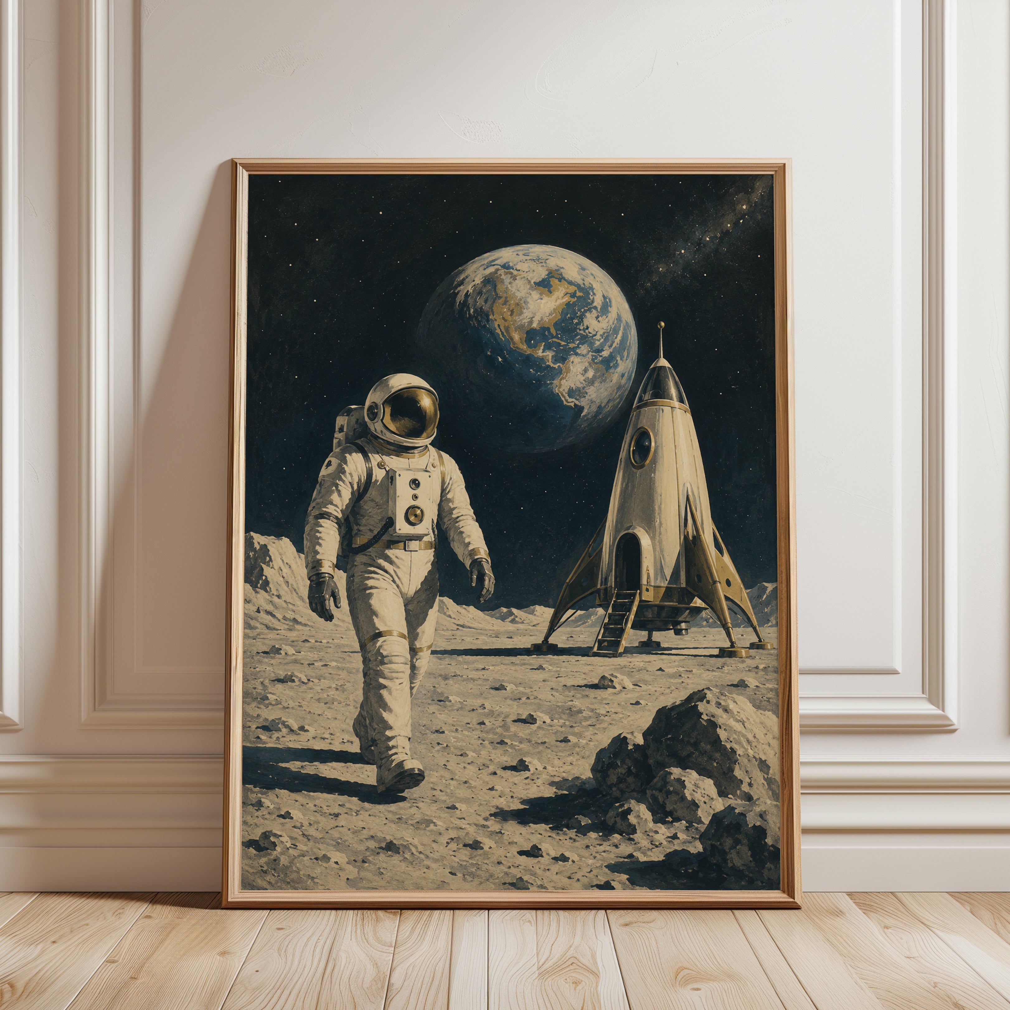 Vintage Space Exploration Poster: Astronaut on the Moon - framed detail