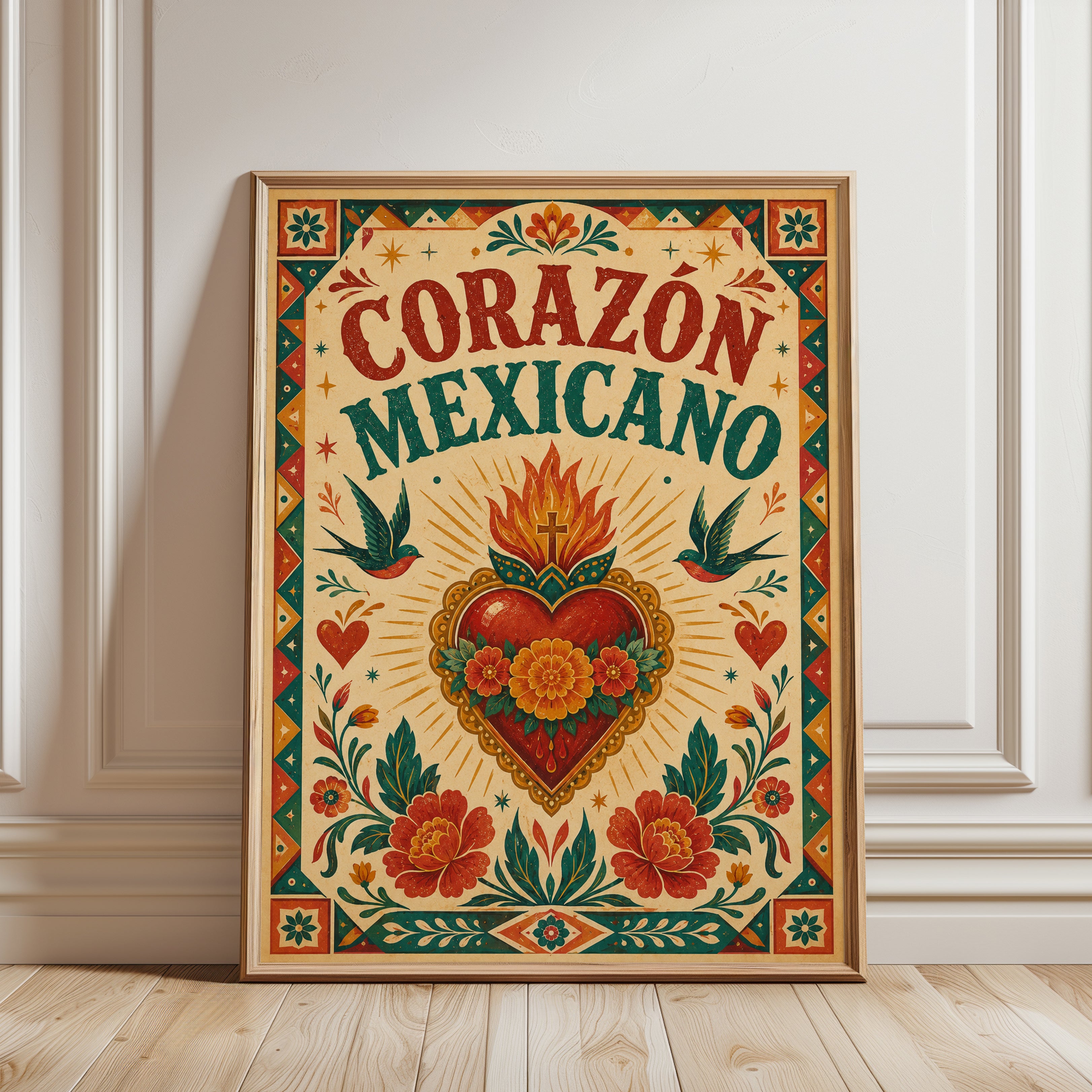 Corazón Mexicano Folk Art Print – Sacred Heart - framed detail