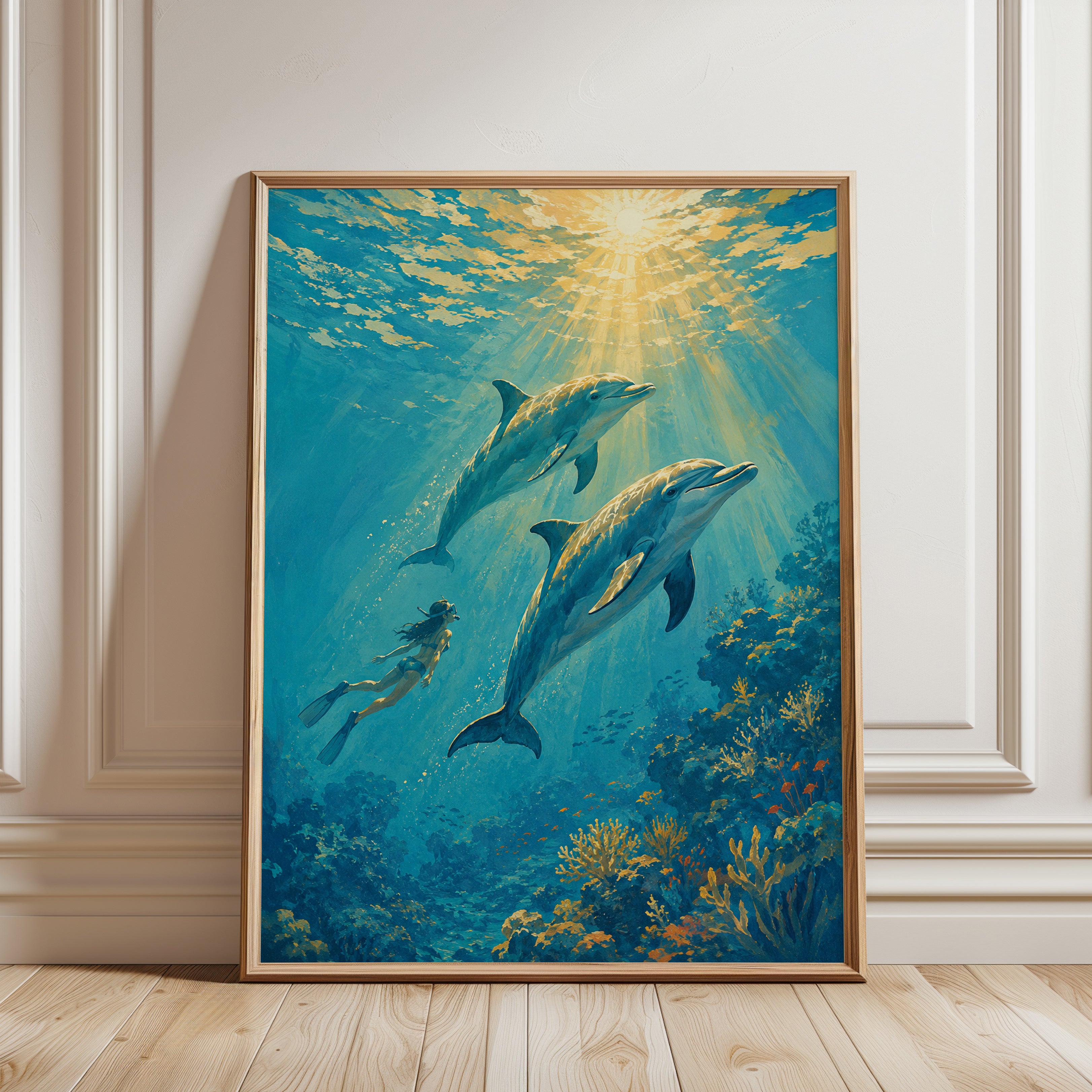 Dolphins and Diver Underwater Print: Turquoise Ocean Scene - framed detail