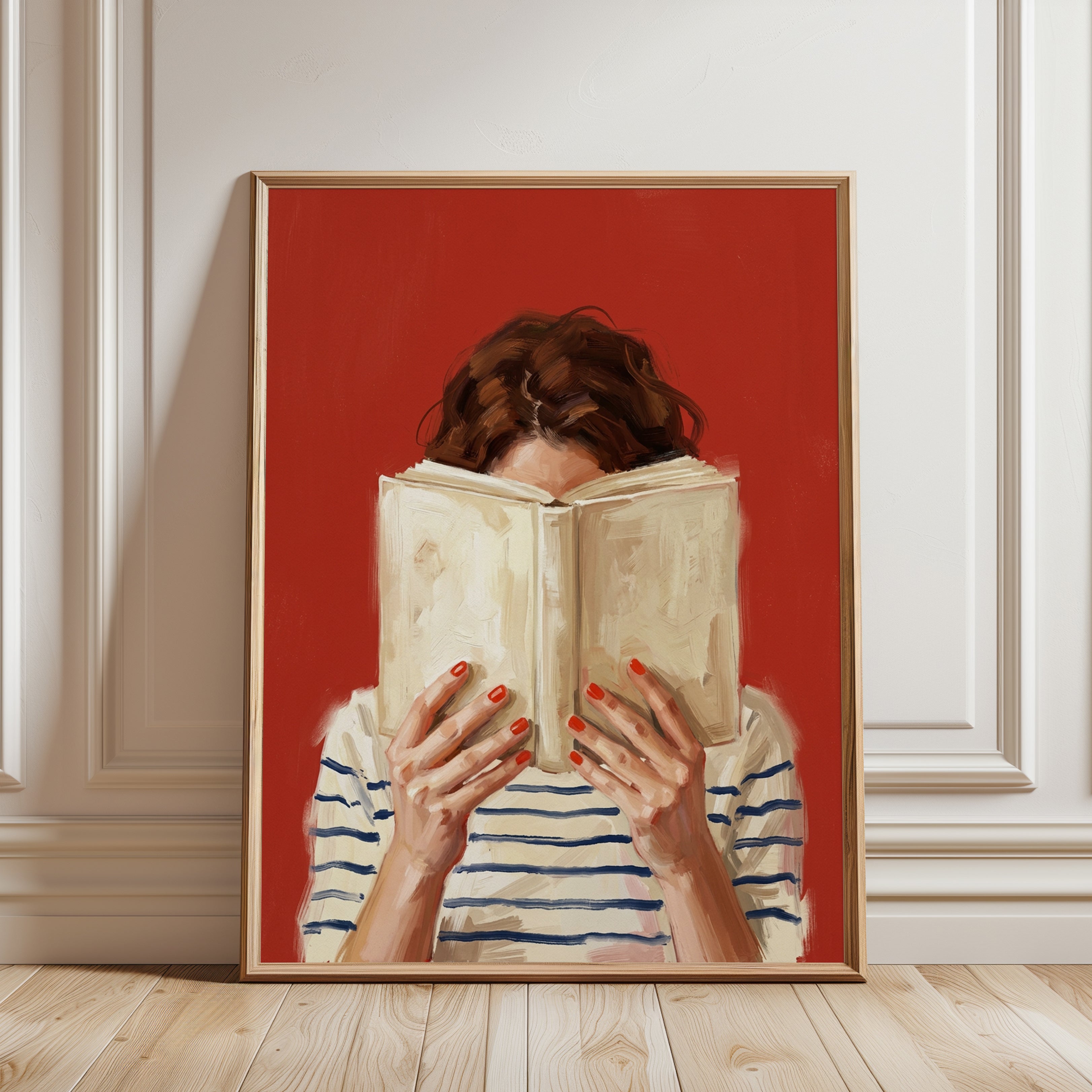 Woman Reading Book Art Print: Contemporary Red Background Portrait - framed detail