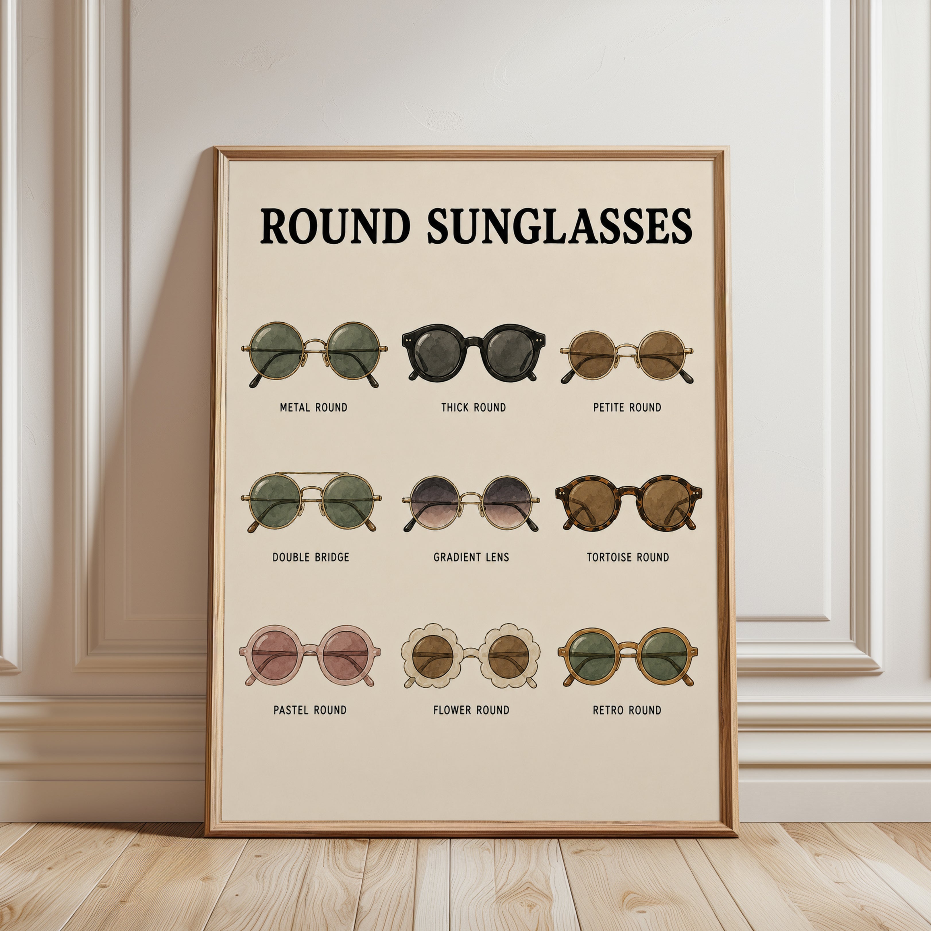 Round Sunglasses Poster: Vintage Fashion Illustration Print - framed detail