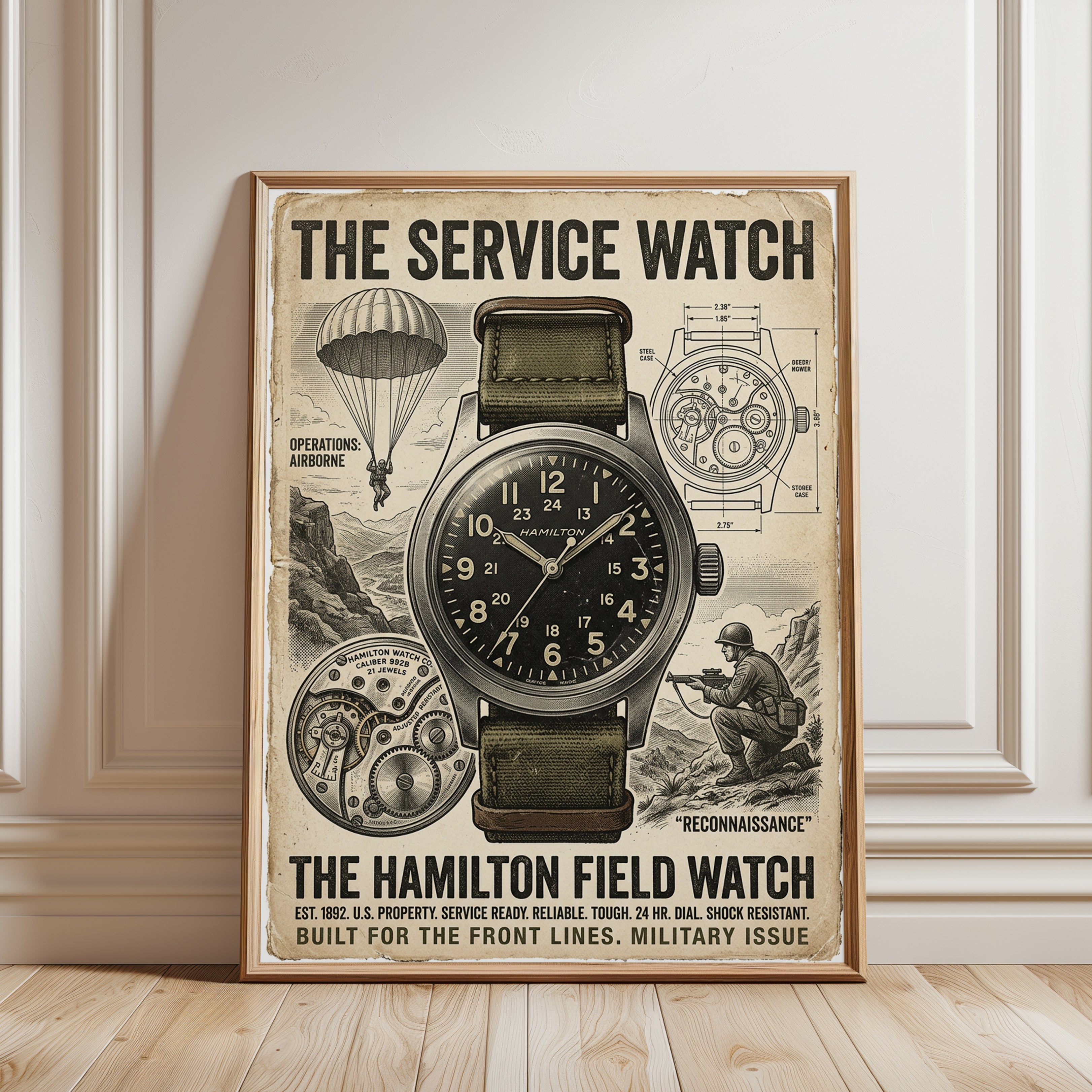 Vintage Military Watch Poster: Hamilton Field Watch Advertisement - framed detail