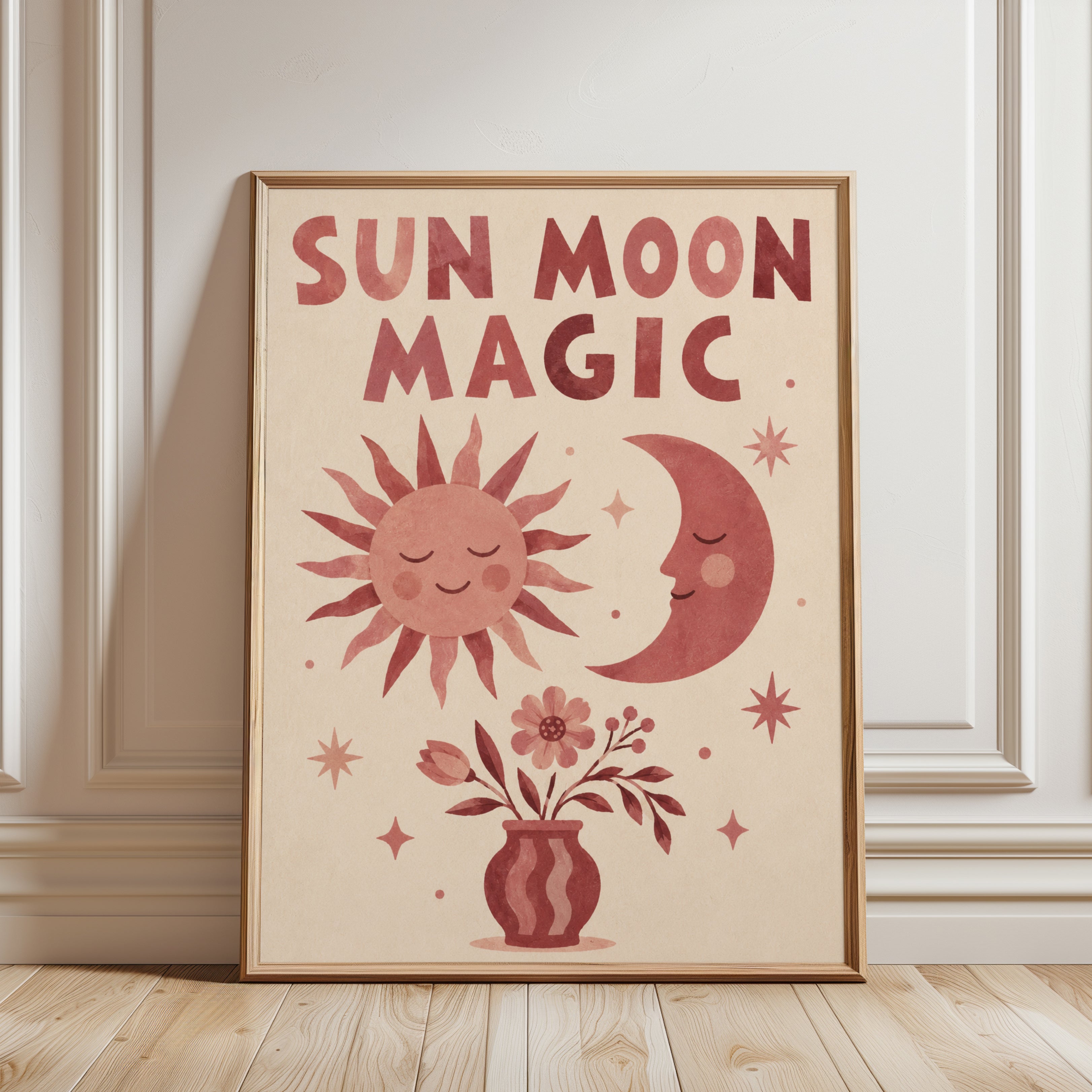 Sun Moon Magic Print: Vintage Celestial Boho Wall Art - framed detail