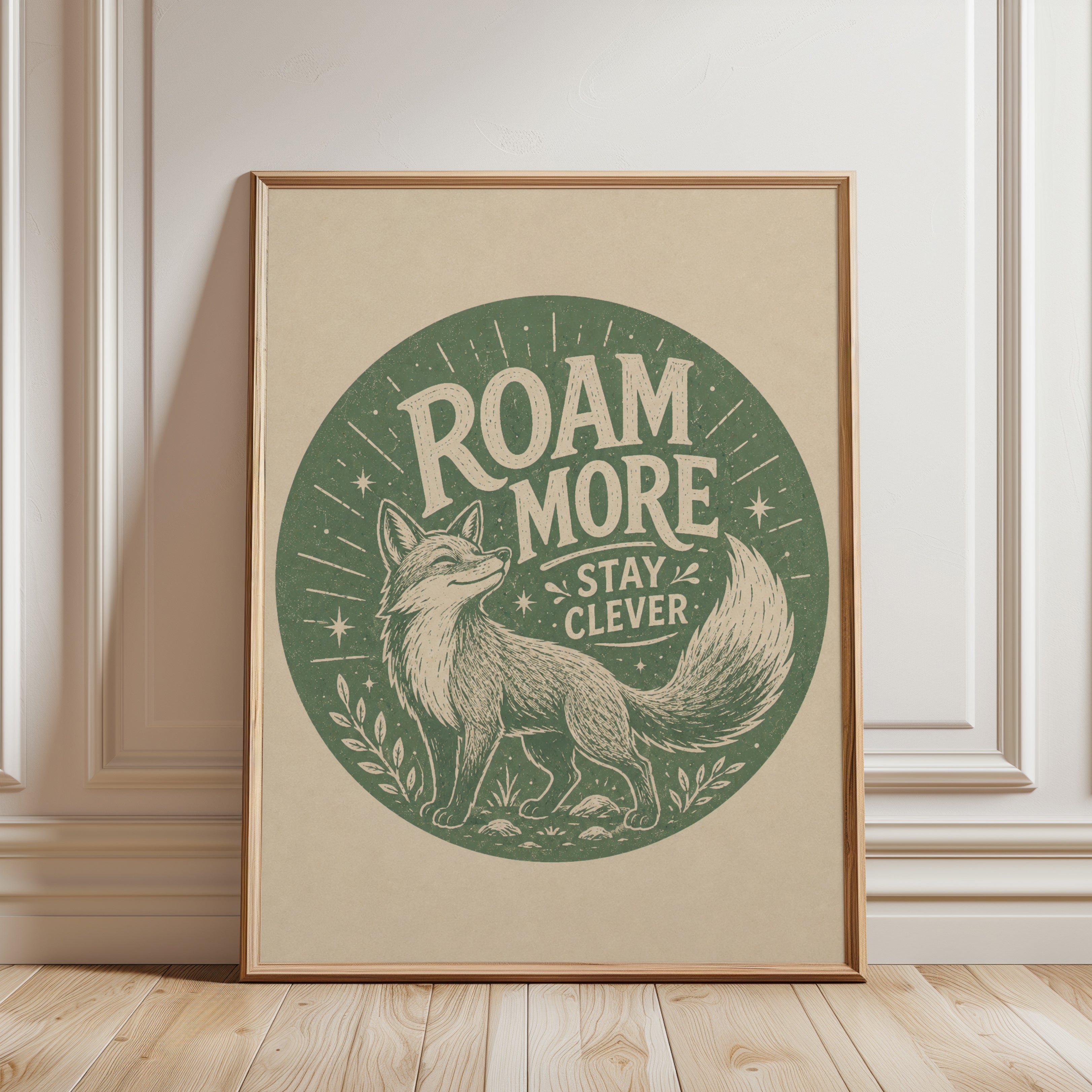 Roam More Stay Clever Fox Print: Vintage Green Typography Poster - framed detail