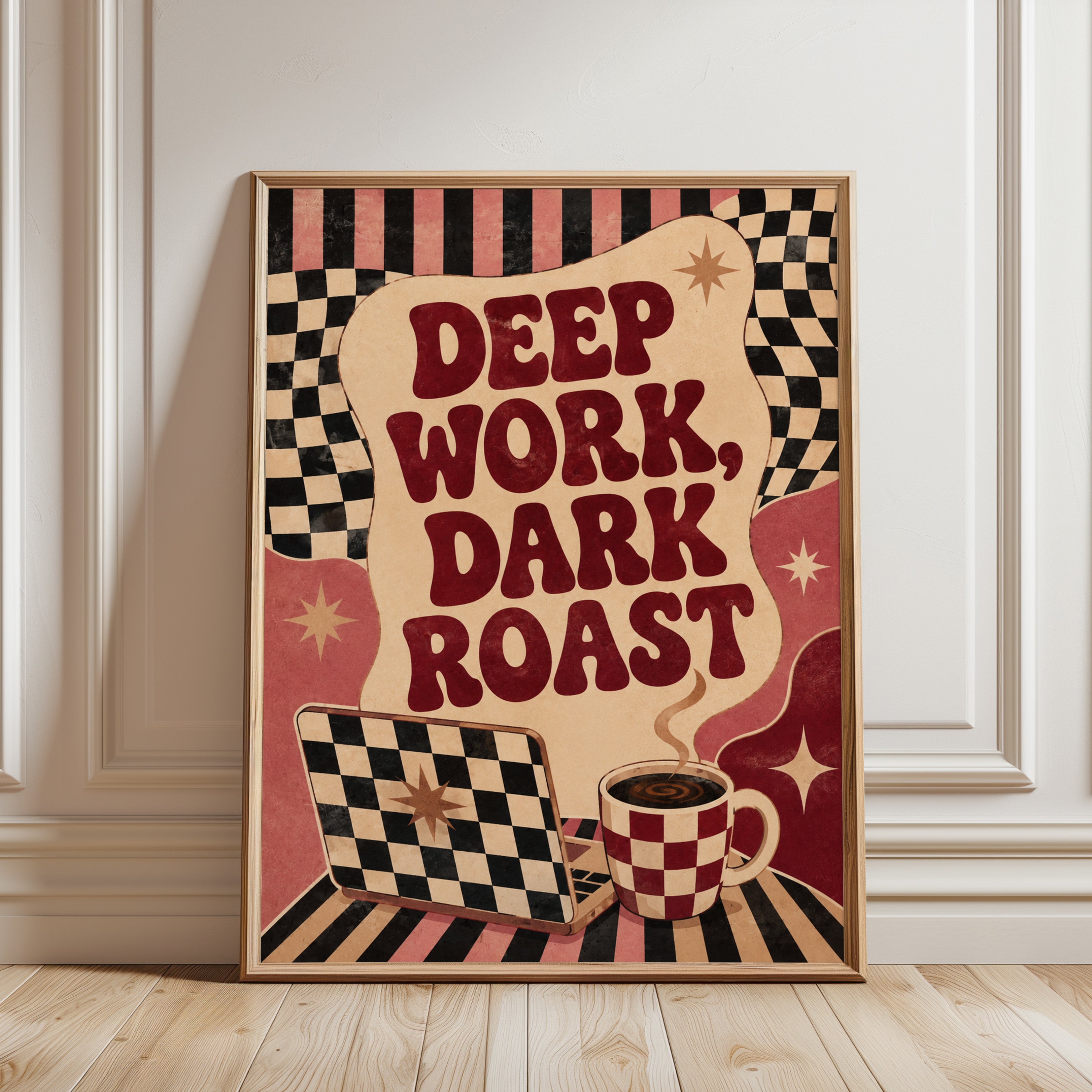 Deep Work Dark Roast Print: Retro Coffee Art - framed detail