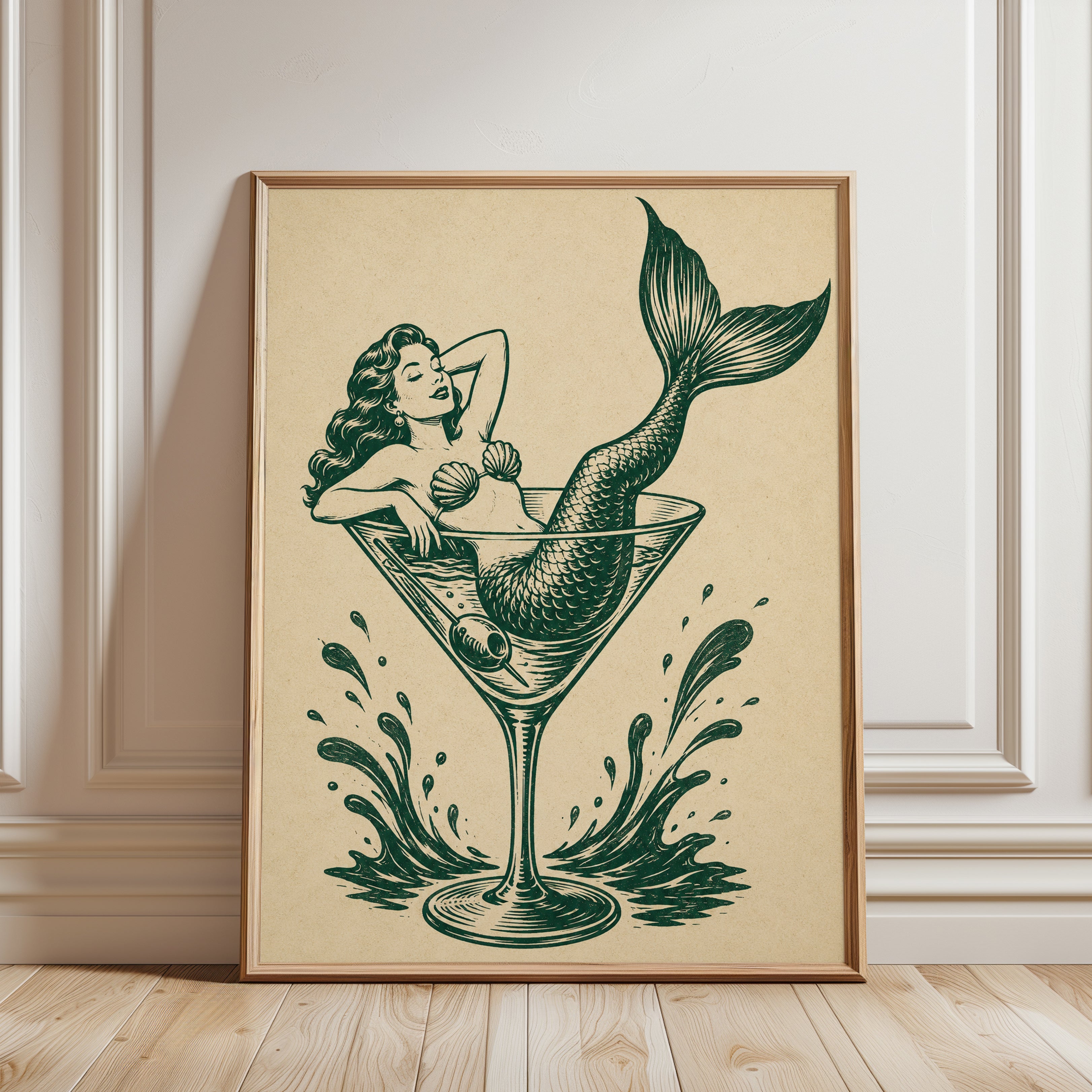 Mermaid in Martini Glass Art Print: Vintage Nautical Illustration - framed detail