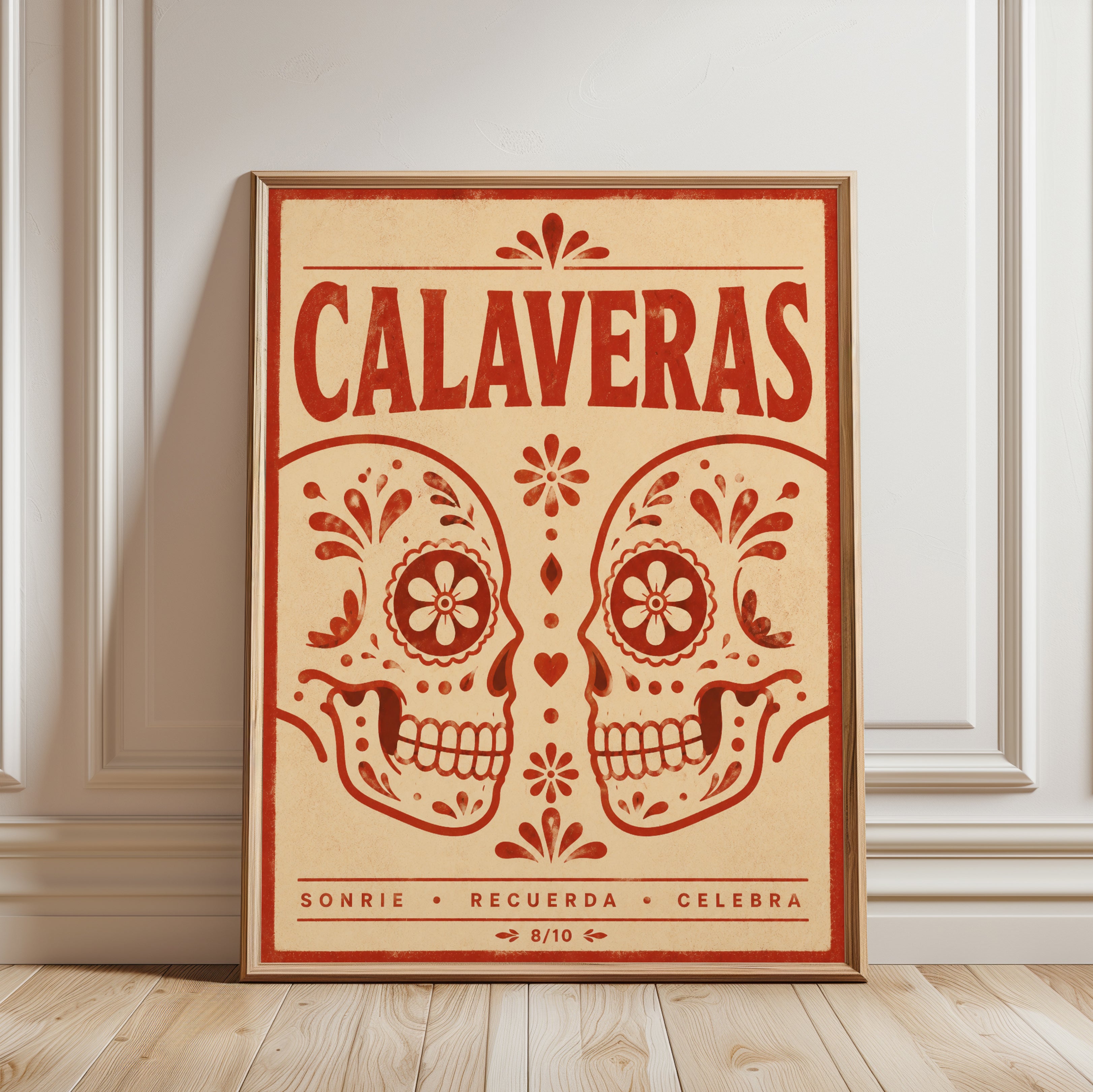 Sugar Skull Wall Art: Día de los Muertos Print (Red & Cream) - framed detail