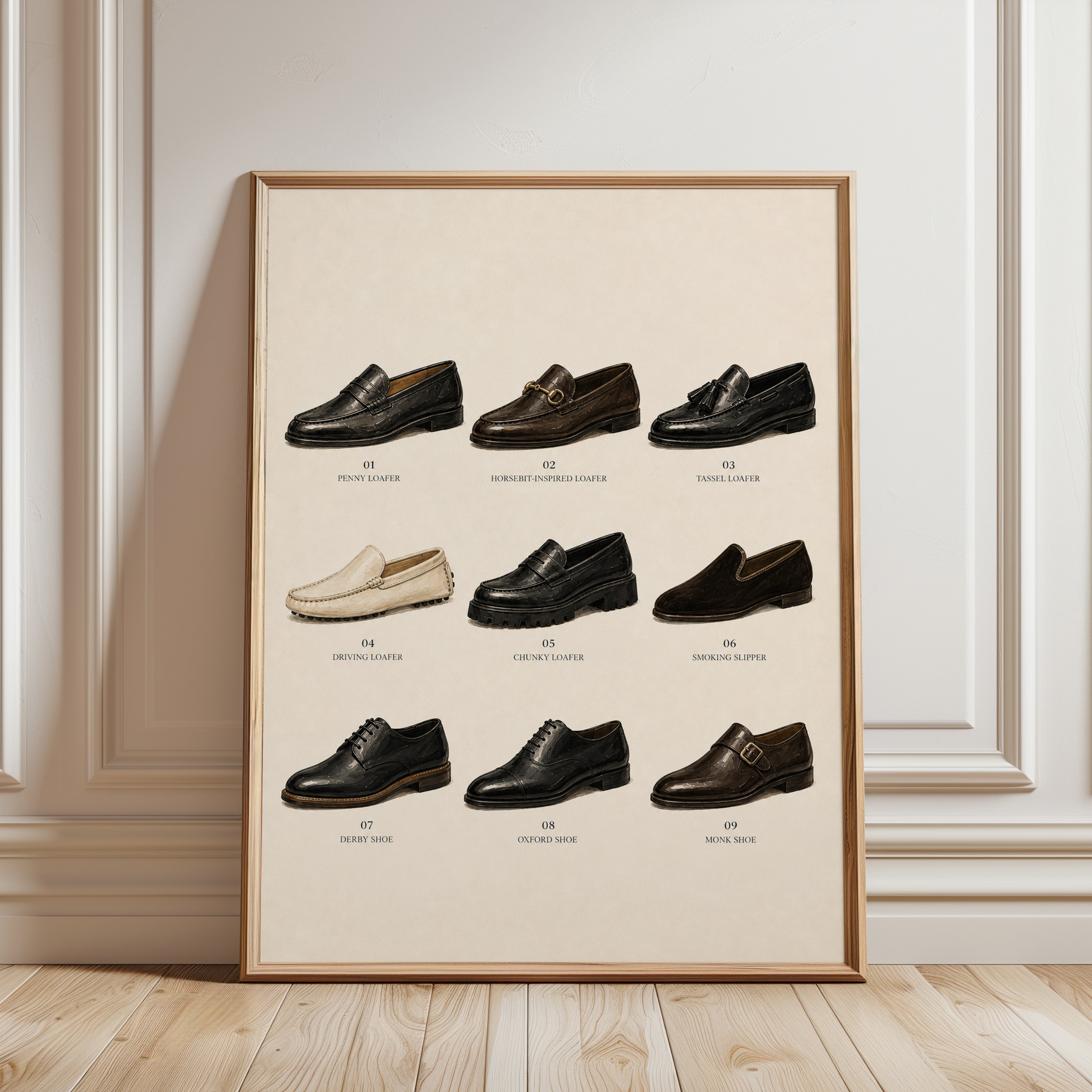 Classic Loafer Collection Art Print: Vintage Shoe Guide - framed detail
