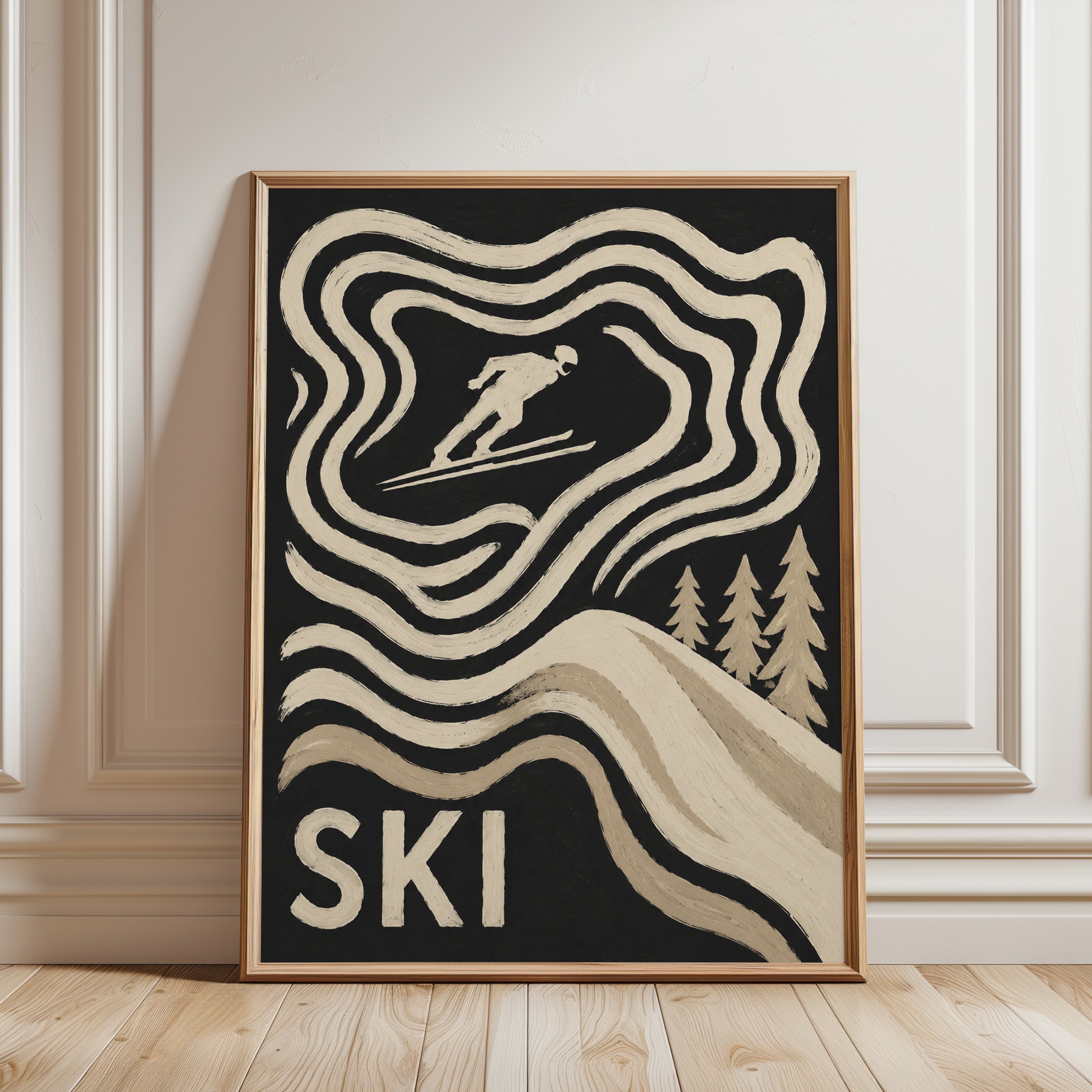 Vintage Ski Poster – Retro Winter Sports Wall Art - framed detail