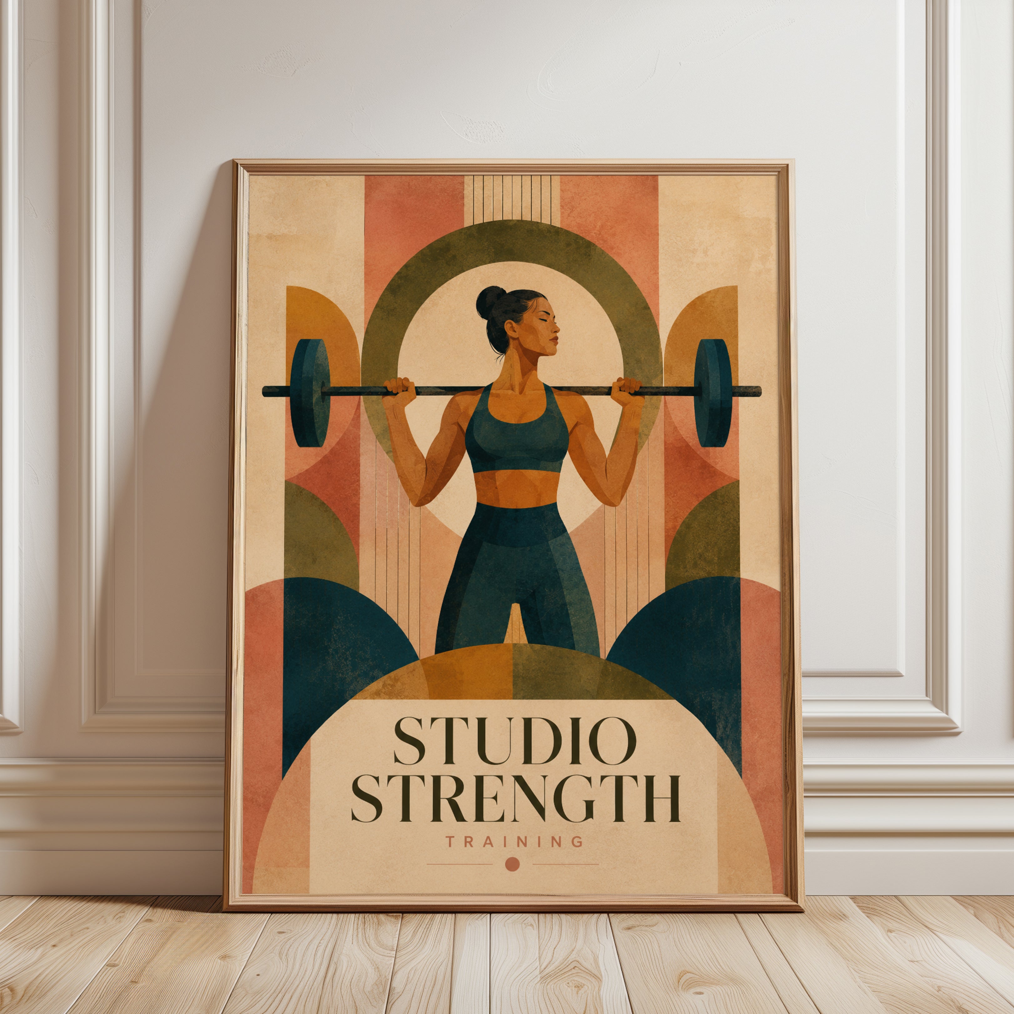 Strength Training Poster: Art Deco Fitness Wall Art - framed detail