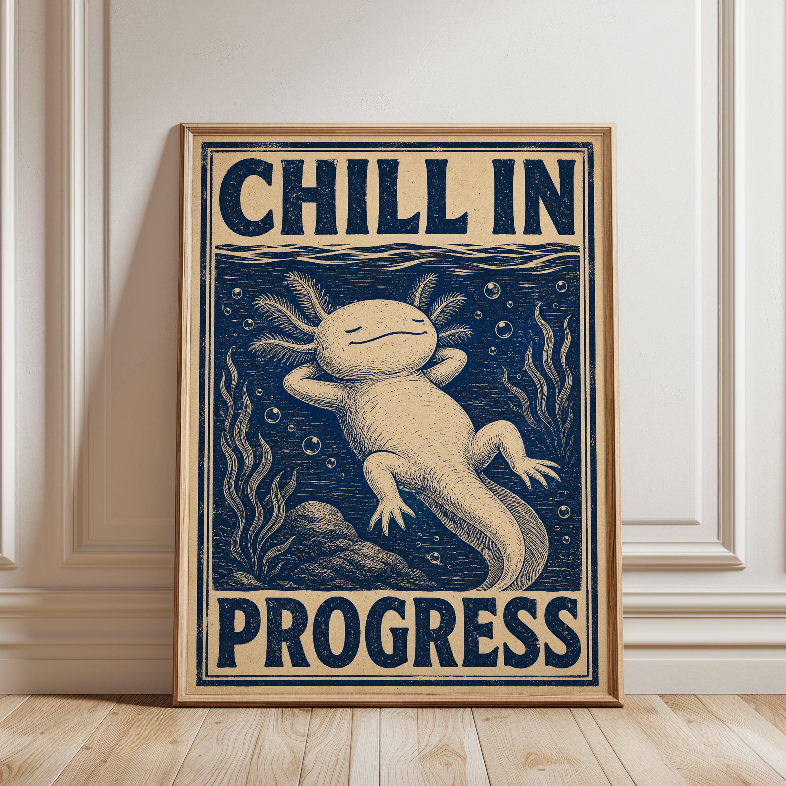 Axolotl Retro Print – Linocut Style - framed detail