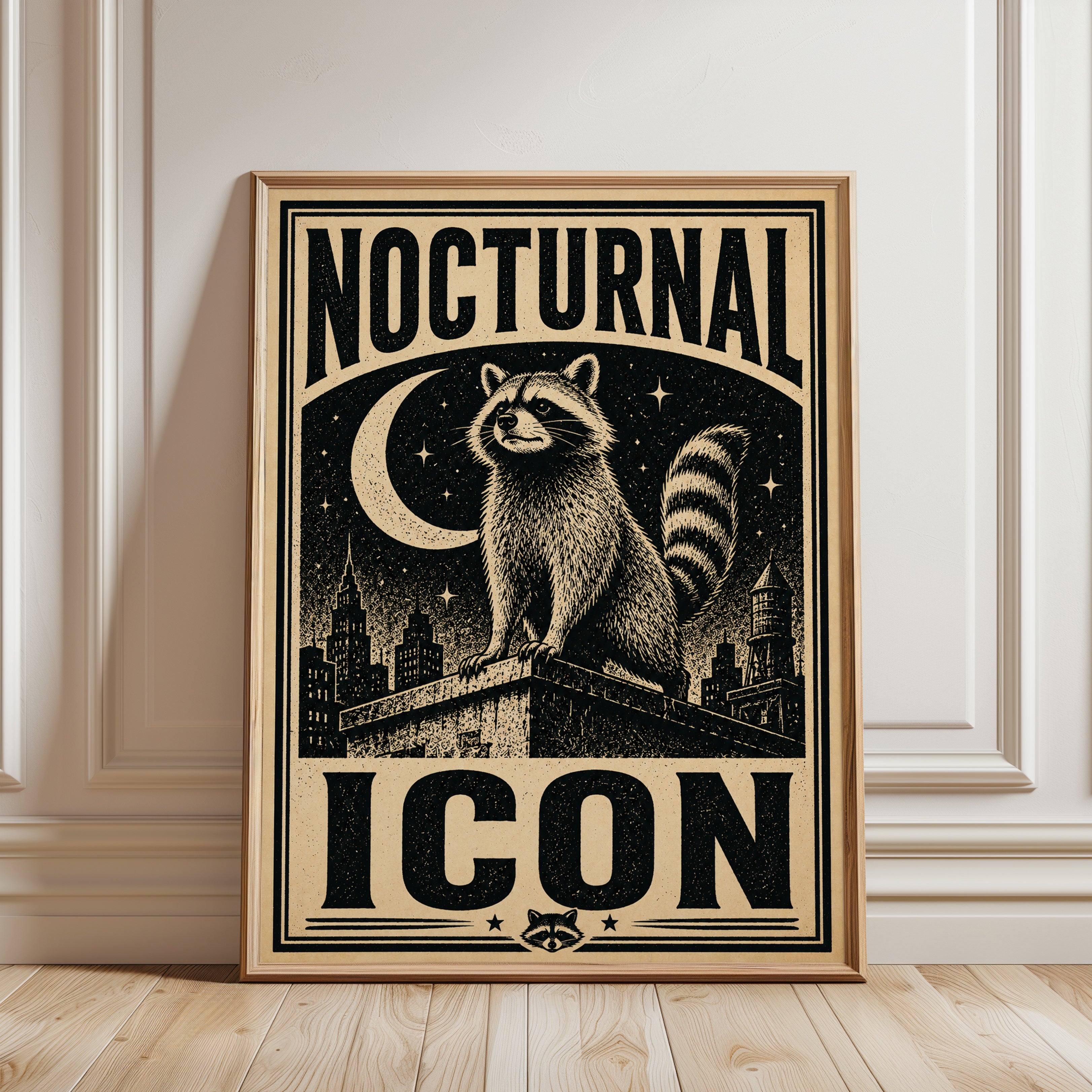 Raccoon Poster Print: Mid-Century Style - framed detail