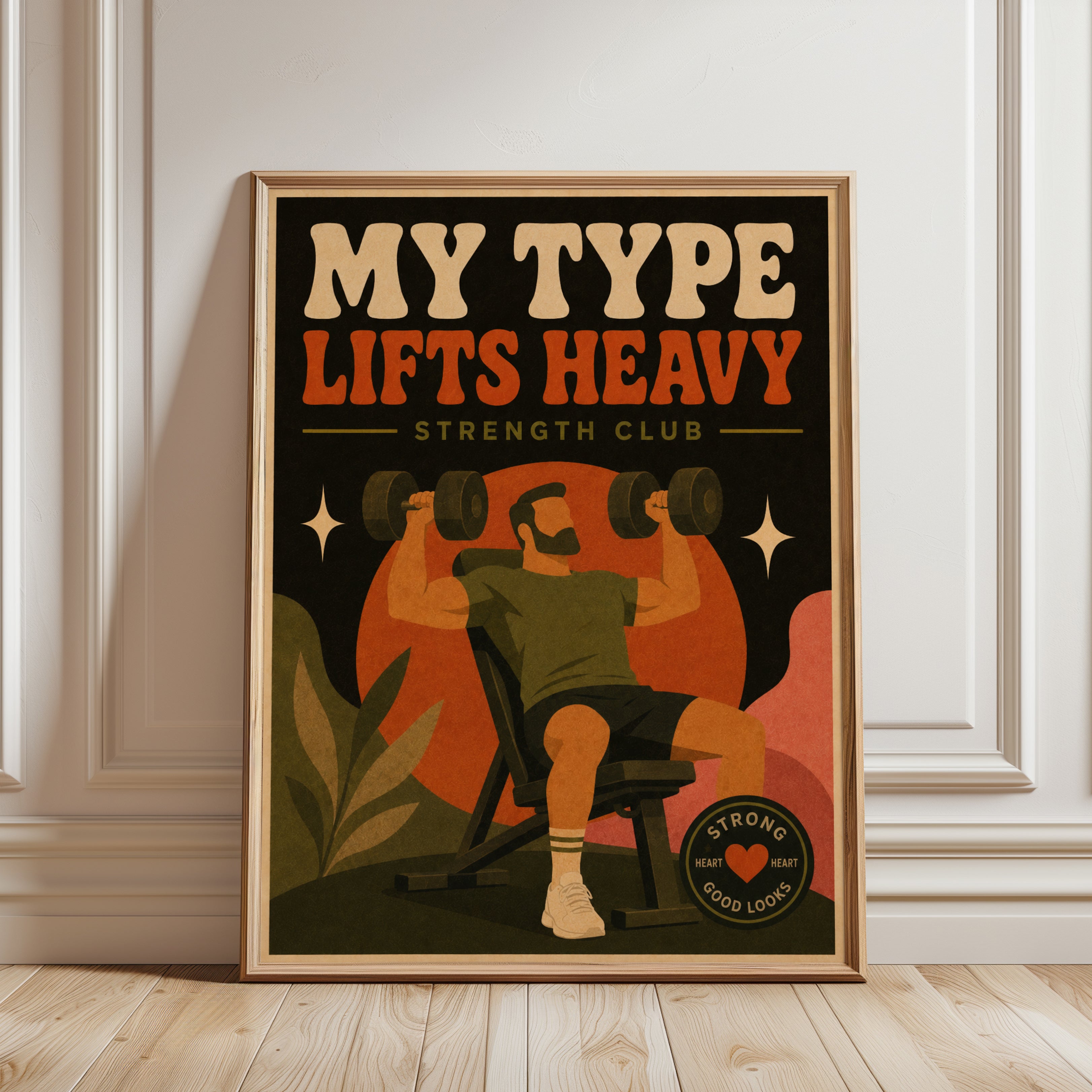 My Type Lifts Heavy Poster: Retro Gym Art Print Orange Green - framed detail