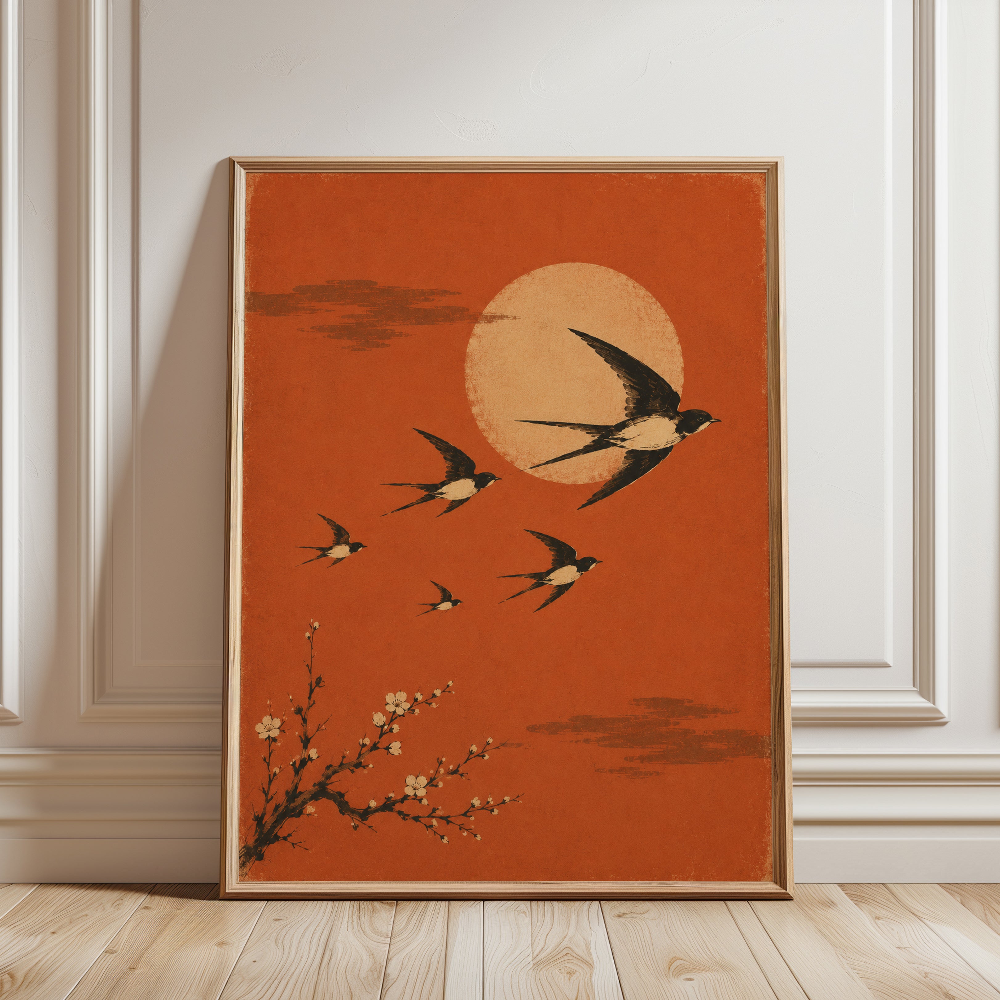Japanese Swallows Art Print - framed detail