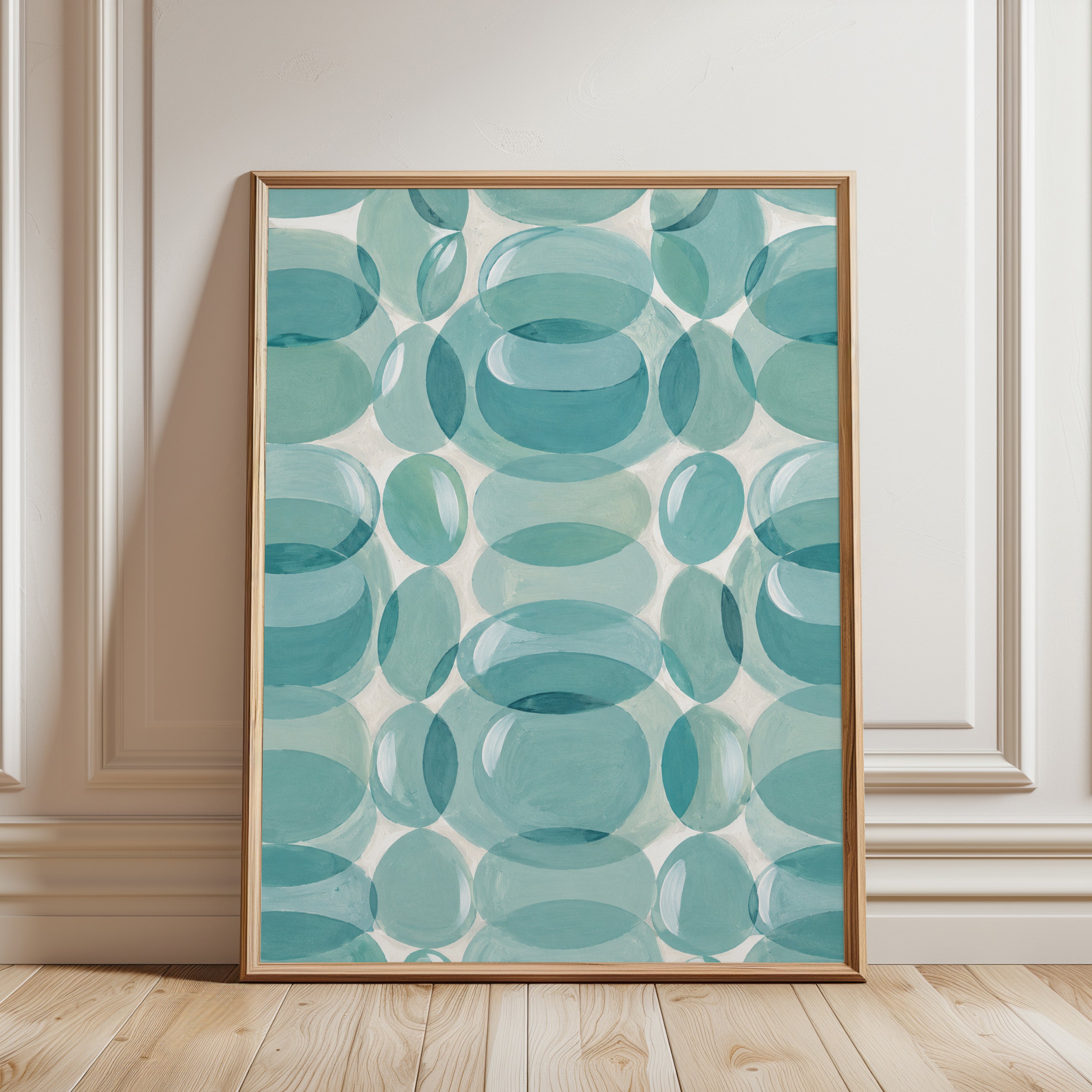 Mid-Century Modern Teal Ovals Art Print: Abstract Geometric Design - framed detail
