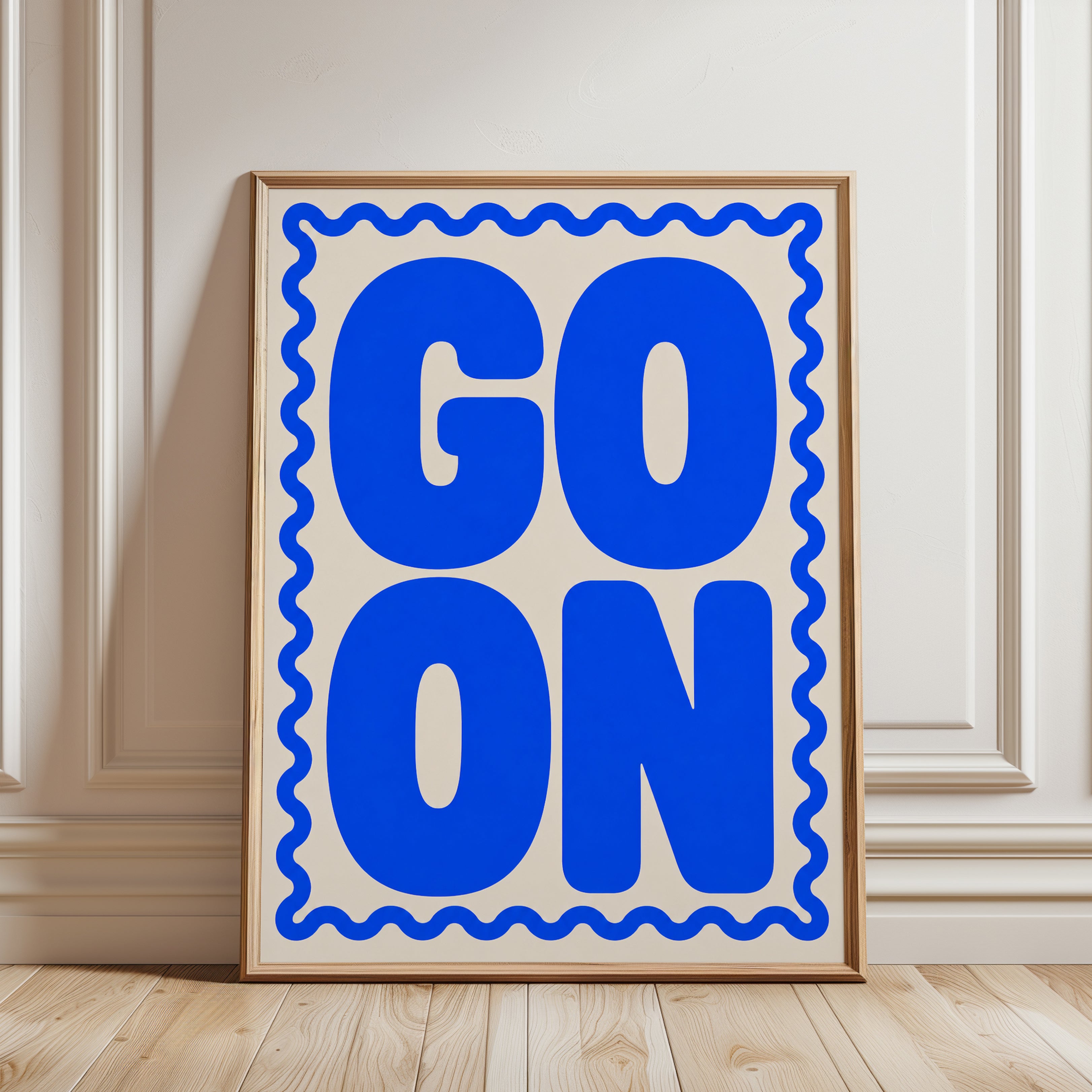 Go On Typography Poster: Bold Blue Motivational Wall Art - framed detail