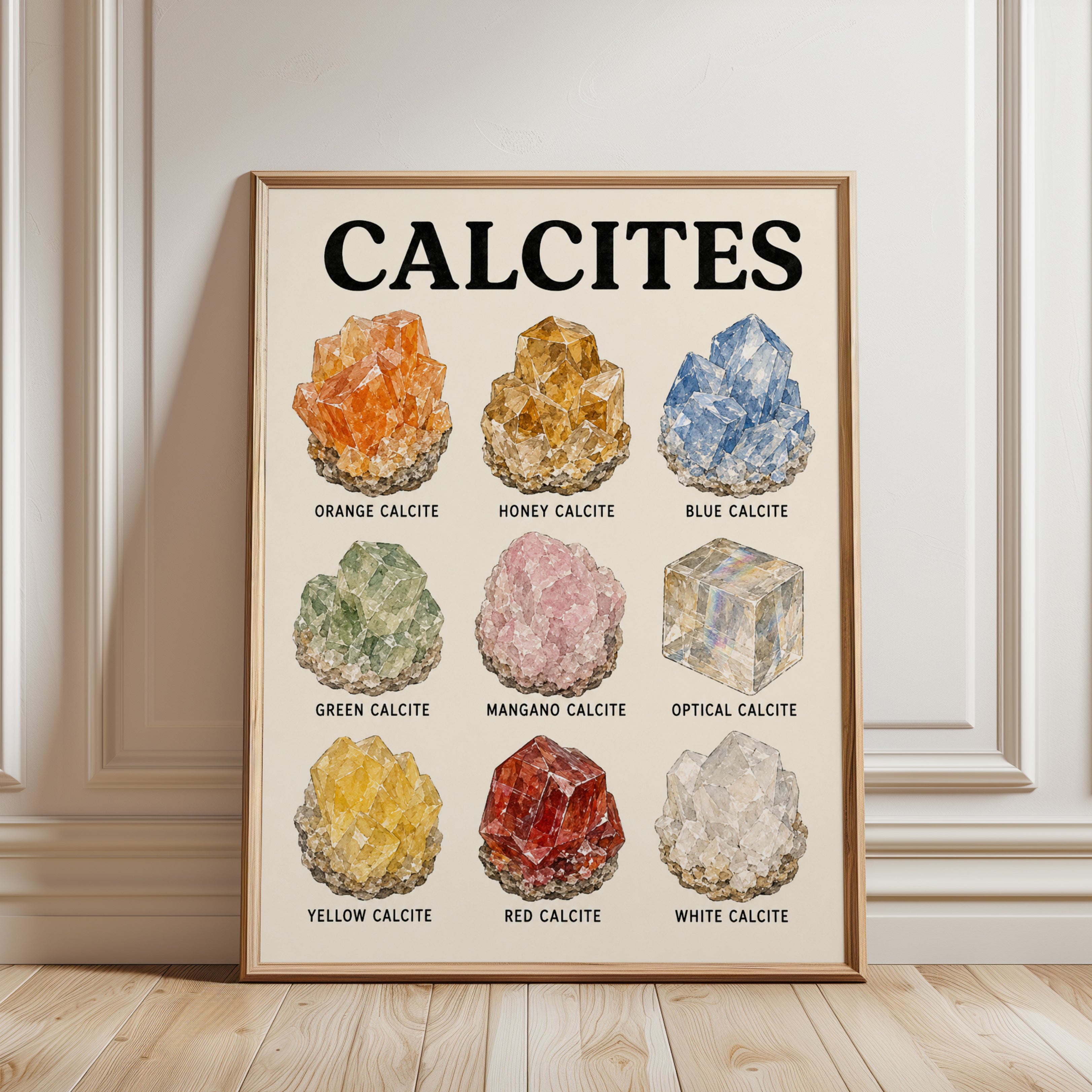 Calcite Mineral Chart Print — Watercolor Crystal Illustration - framed detail