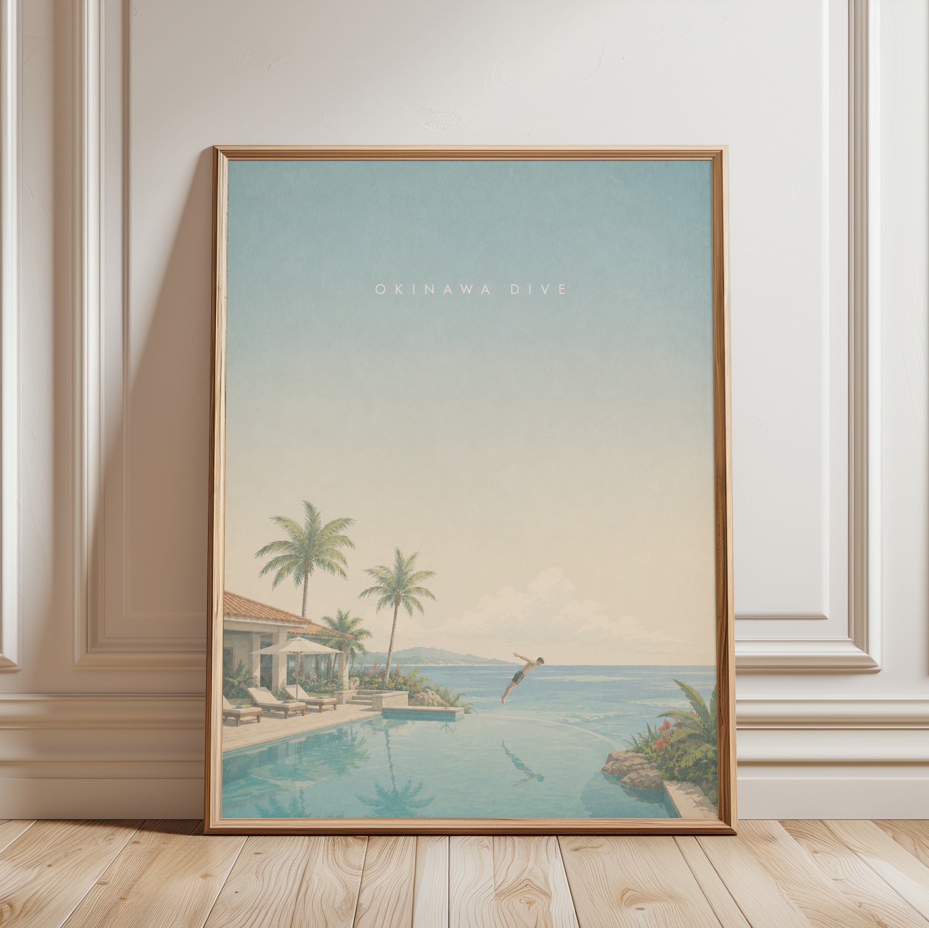 Okinawa Dive Print: Tropical Paradise Pool and Palm Trees Art - framed detail