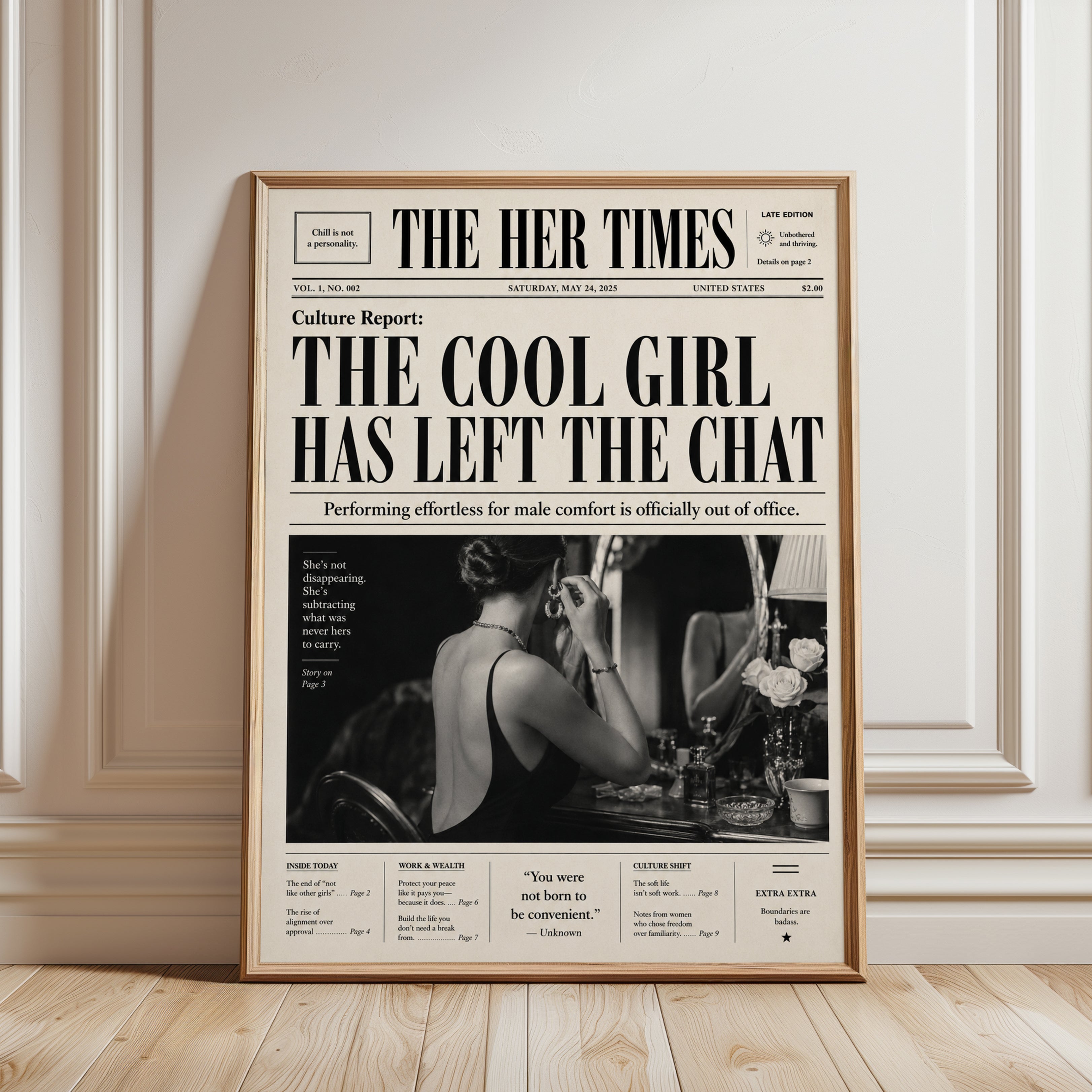 The Cool Girl Newspaper Print: Vintage Editorial Wall Art - framed detail
