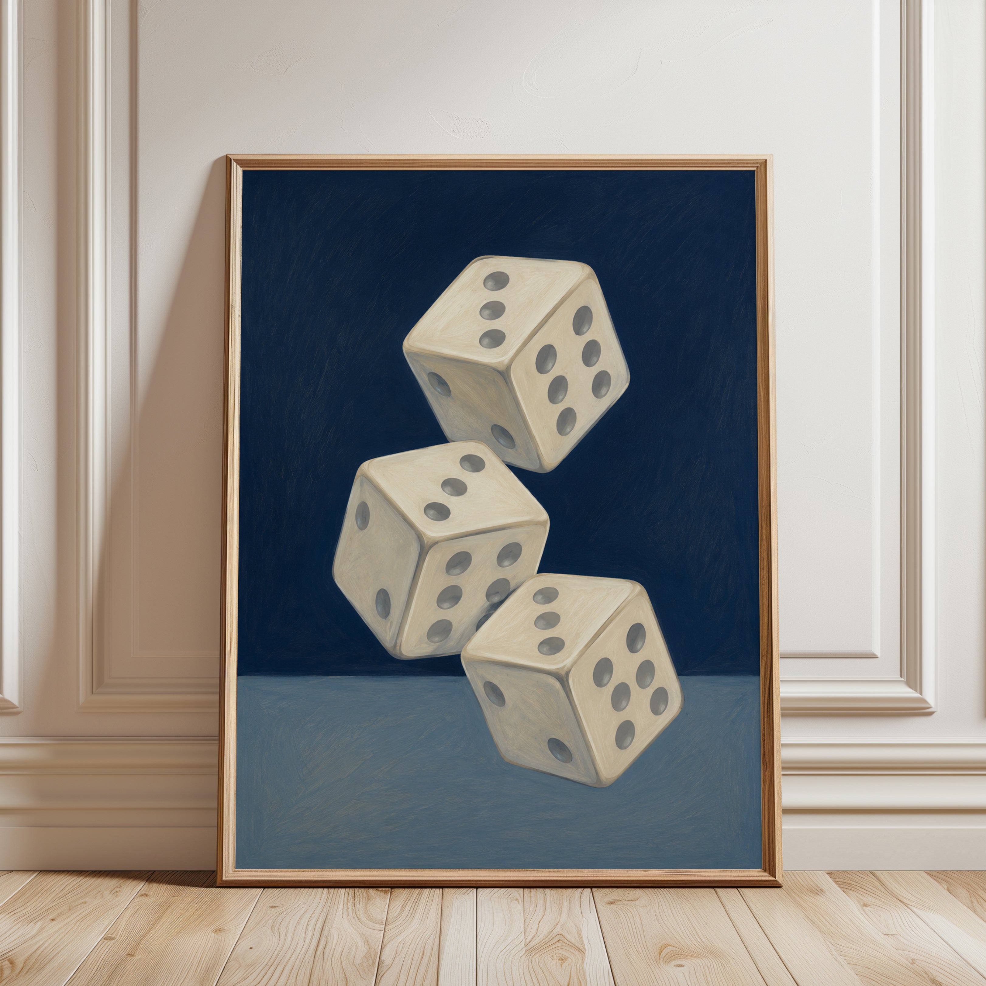 Vintage Dice Stack Wall Art: Minimalist Blue Game Room Print - framed detail