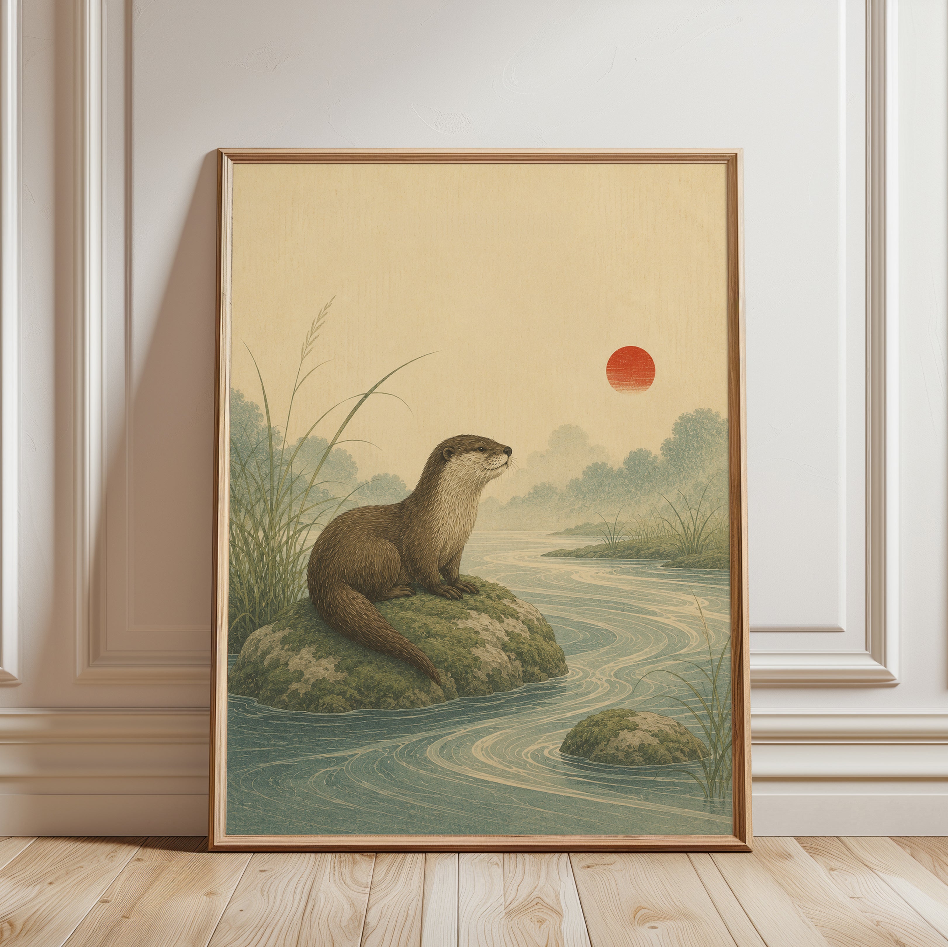 Otter Wall Art – Japanese River Landscape - framed detail