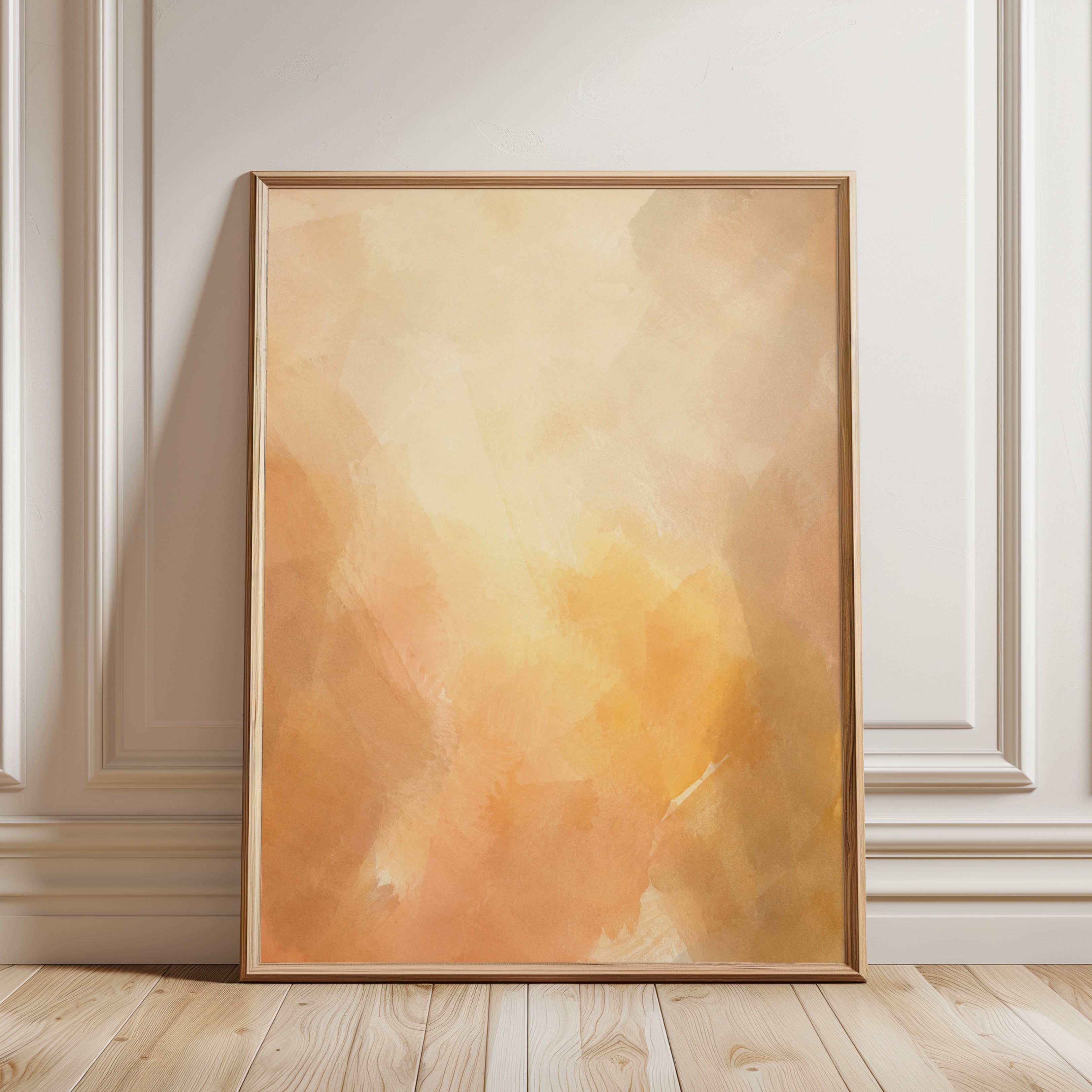 Abstract Peach Sunset Wall Art: Soft Watercolor Brushstrokes - framed detail