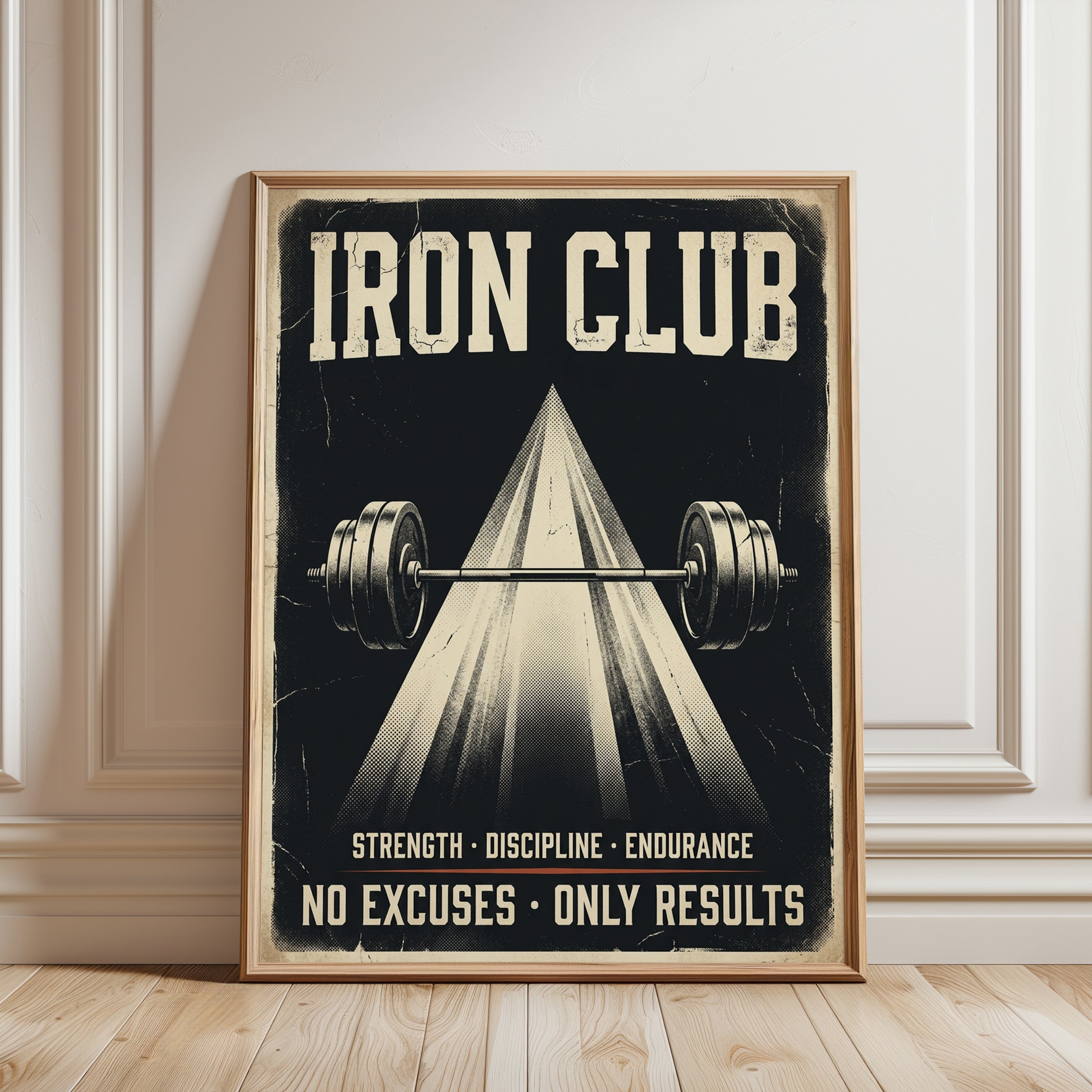 Iron Club Vintage Gym Poster: Retro Fitness Motivation Art - framed detail
